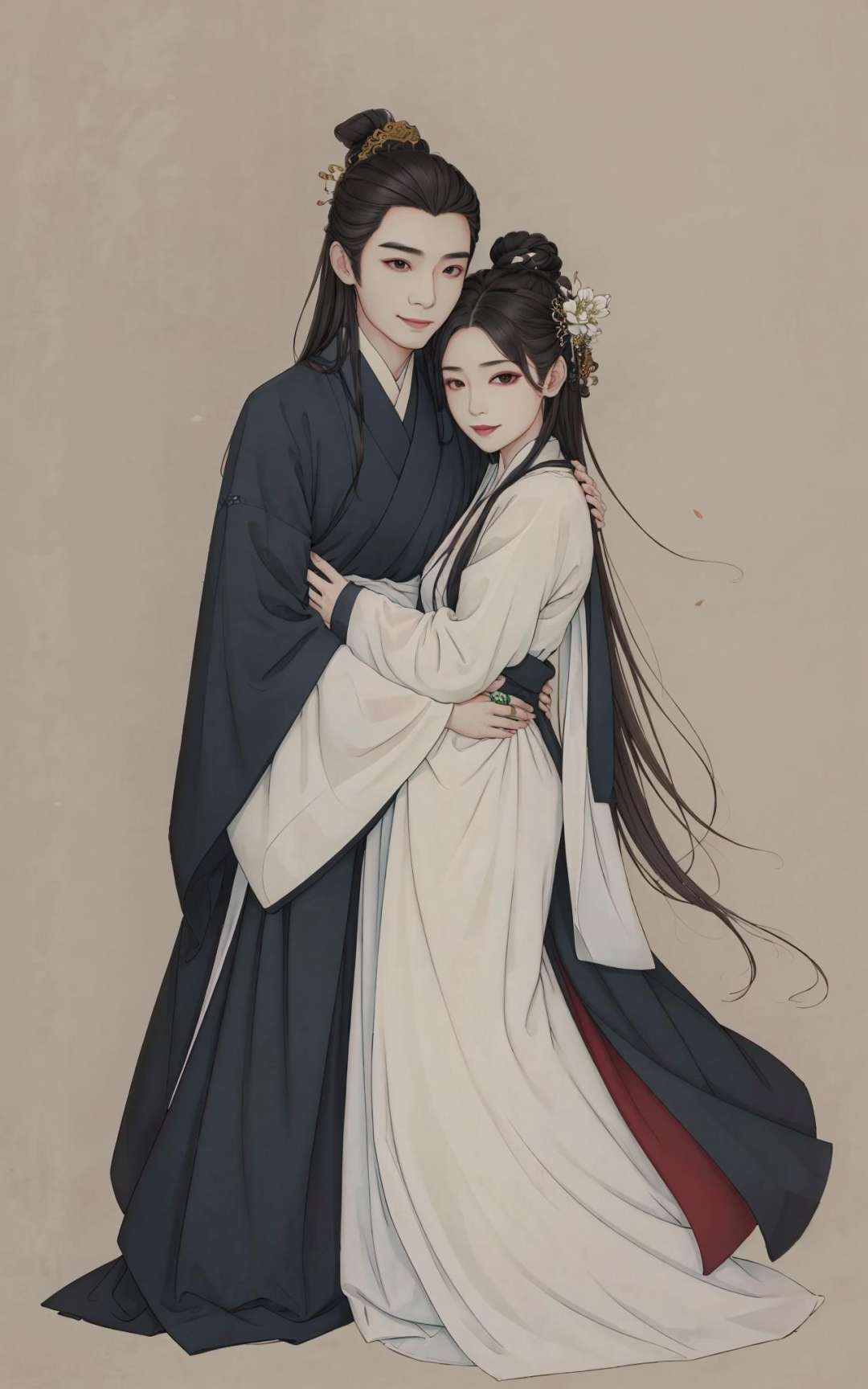 (masterpiece:0.8),best quality,gongbiv,gongbi painting,1girl,1boy,chinese clothes,hair ornament,simple background,hanfu,black hair,flower,hair flower,jewelry,wide sleeves,standing,long sleeves,smile,looking at viewer,full body,long hair,hug,hetero,closed mouth,black eyes,lips,single hair bun,red lips,robe,hair bun,dress,ring,brown eyes,makeup,korean clothes,lipstick,brown hair,Chinese style meticulous painting,<lora:gongbi painting:0.8>,