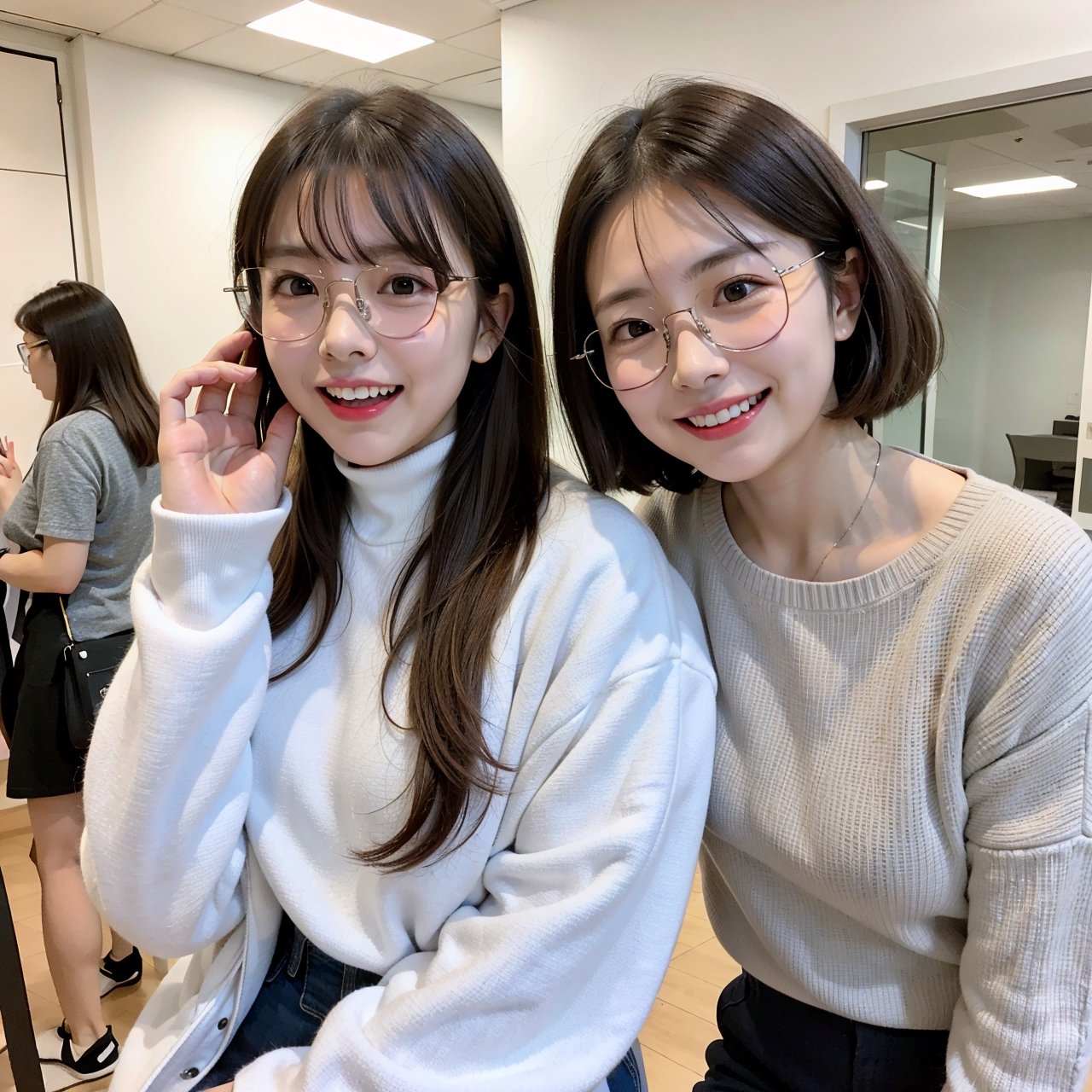 best quality,  masterpiece,  ultra high resolution,  (photorealistic:1.2),  RAW photo,  1girl,  solo(semi-rimless eyewear,  :1.3)BREAK(forehead:1.3) plump( focus face,  upper body,  :1.3)BREAK
Wide-leg pants,  turtleneck,(very happy:1.5),(open_mouth:1.2)
