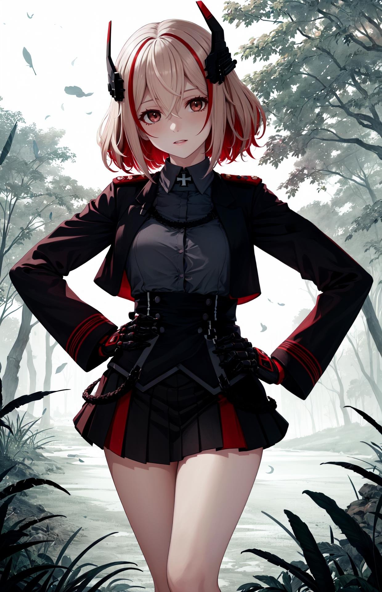 masterpiece, best quality, outdoors, field, grass, forest,1girl, solo, looking at viewer, brown eyes, red eyes, short hair, streaked hair, multicolored hair, blonde hair, red hair, headgear, hair between eyes, streaked hair, hands on hips,skirt, shirt, long sleeves, jacket, sidelocks, thighs, pleated skirt, open clothes, collared shirt, miniskirt, black skirt, open jacket, black jacket, buttons, headgear, cross, shaded face, grey shirt, floral background, iron cross, mechanical hands,<lora:LoRA_Roon:1>