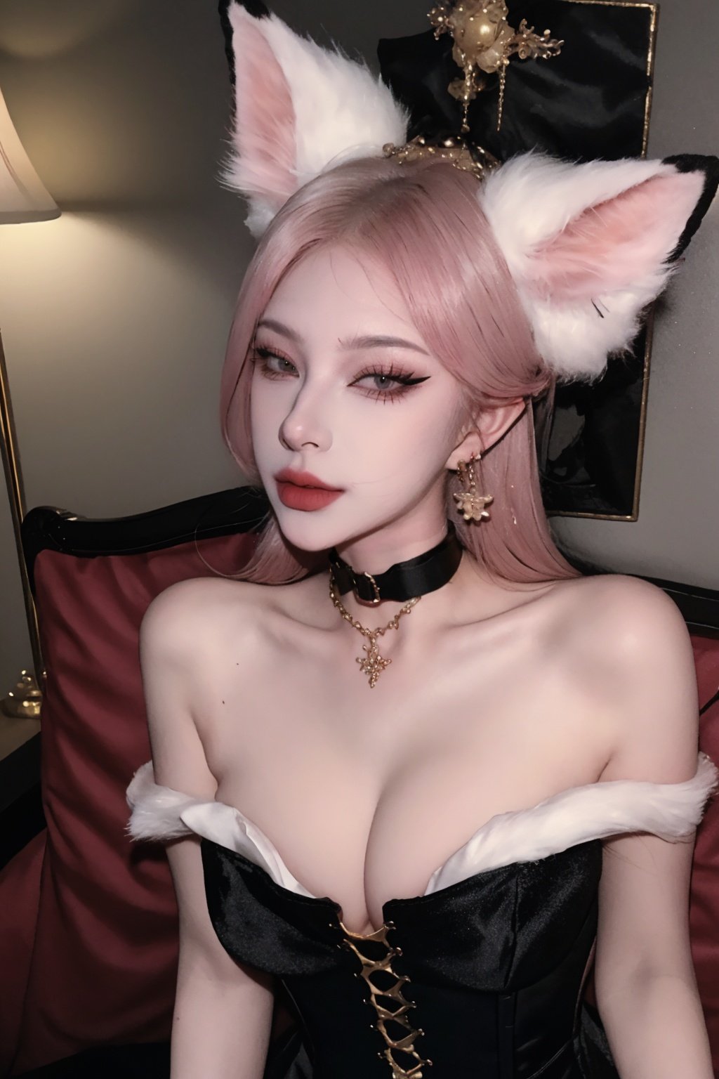  Very detailed CG unified 8K wallpapers,most beautiful artwork in the world,1girll,fox,fox ears,The upper part of the body,Closed_Mouth, Earrings, jewelry, Lips,black lip,eyelashes,jewely,choker necklace,lipstick,black corset,shackle,collars,best qualtiy,yuyao,dress