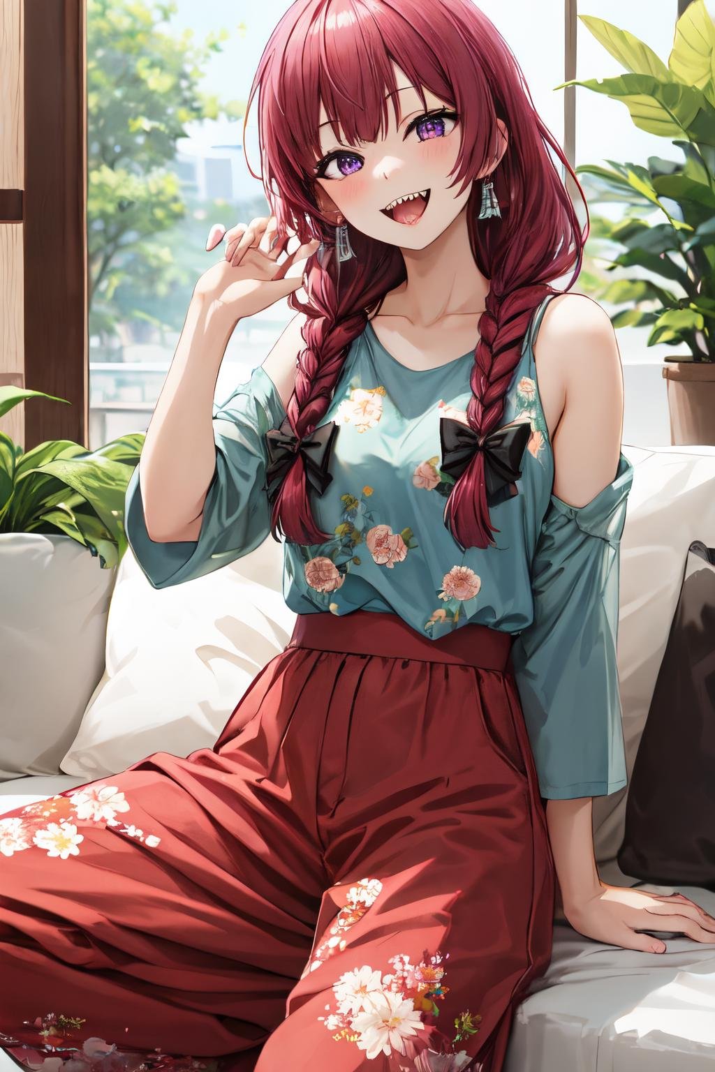 hiroi kikuri, 1girl,solo, single braid, hair over shoulder,sharp teeth, smile ,happy,looking at viewer, Sheer floral print top and matching wide-leg pants <lora:hiroi_kikuri:1>