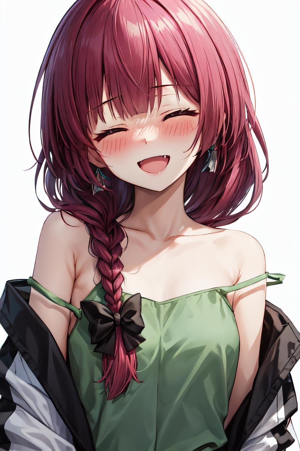 hiroi kikuri, open mouth, simple background, strap slip, hair over shoulder, white background, solo, off shoulder, closed eyes, blush, green dress, single braid, dress, two-tone jacket, bare shoulders, upper body, smile, 1girl, jacket, fang, collarbone, blunt bangs, :d, black jacket, black bow <lora:hiroi_kikuri:1>