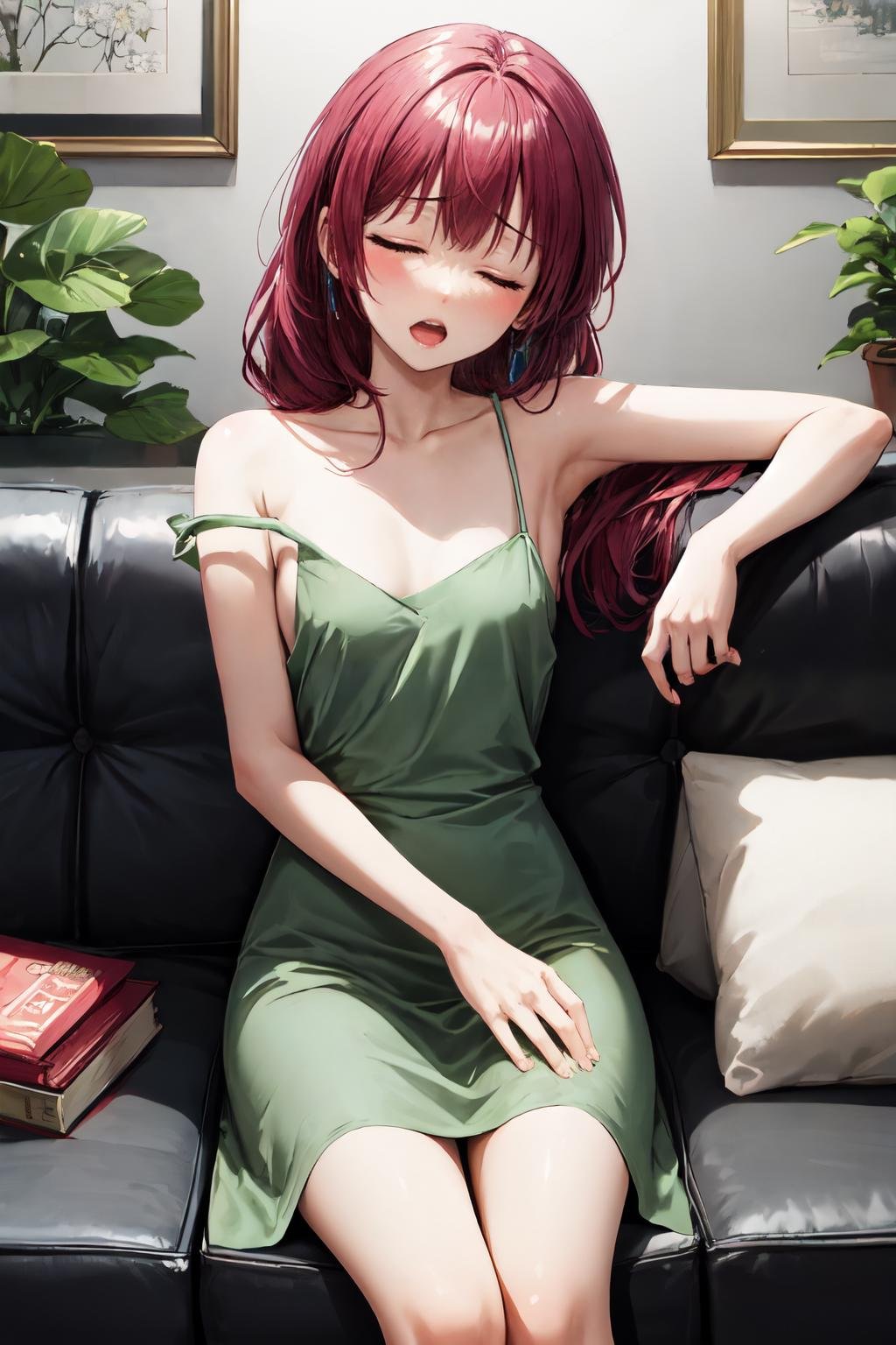 hiroi kikuri, open mouth, 1girl,solo, closed eyes, strap slip, green dress, sitting, on couch,  <lora:hiroi_kikuri-10:1> 