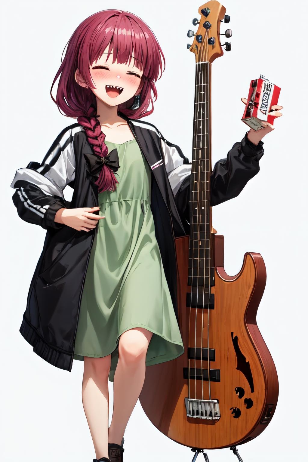 hiroi kikuri, standing, open mouth, simple background, instrument, hair over shoulder, white background, teeth, solo, sharp teeth, holding instrument, standing on one leg, ^_^, nose blush, closed eyes, drunk, alcohol, blush, facing viewer, green dress, single braid, dress, two-tone jacket, holding, multicolored jacket, medium dress, smile, 1girl, jacket, open clothes, open jacket, sake, multicolored clothes, chibi, juice box, blunt bangs, :d, bass guitar, white jacket, black jacket, black bow, holding bottle, long sleeves, full body, bottle <lora:hiroi_kikuri:1>