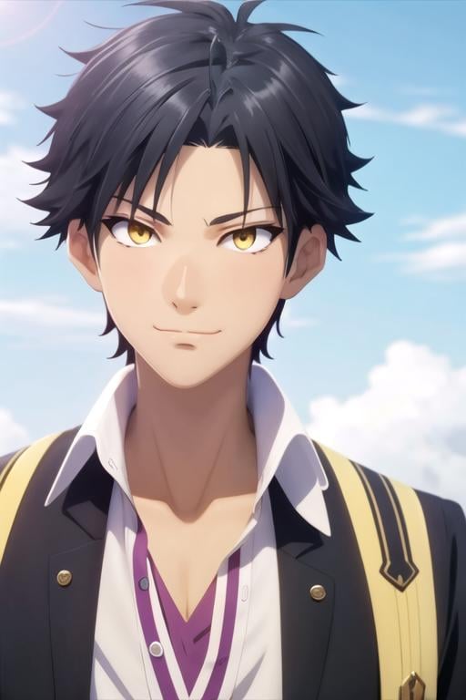 masterpiece, best quality, wallpaper, 1boy, solo, male focus, looking at viewer, upper body, depth of field, anime coloring, , <lora:masato_sanada:0.82>, masato_sanada, black hair, yellow eyes, , biopunk, 2k resolution