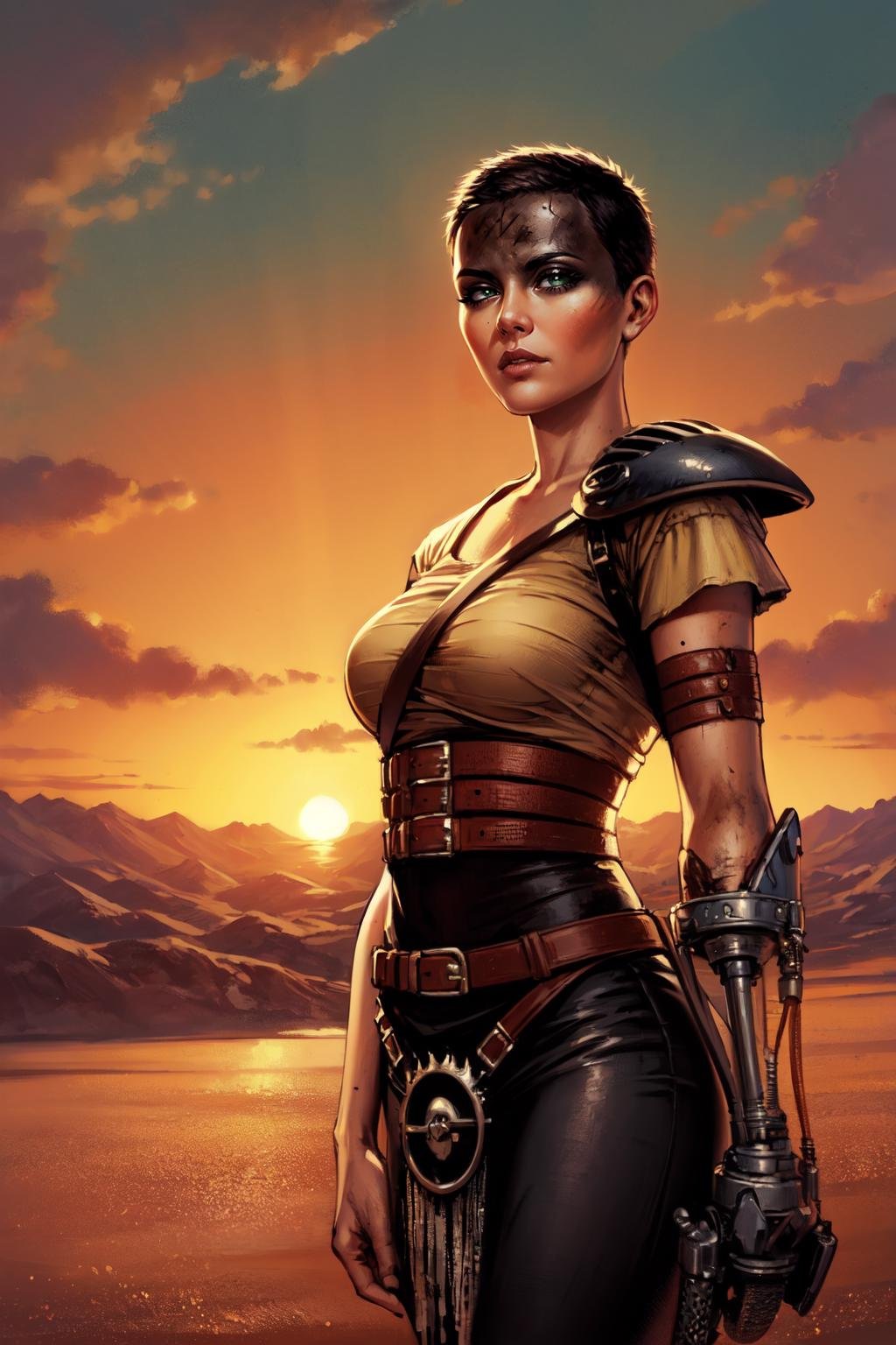 art by jim lee, furiosaimp, 1girl, solo, single pauldron, single mechanical arm, shirt, belt, pants, very short hair, face paint, desert, canyon, sky, sunset, mature female, dirty, dirty clothes,  <lora:furiosaimp_V2-10:0.8> <lora:Jimleedccomicsmarvel_Offset_(Style):0.4>