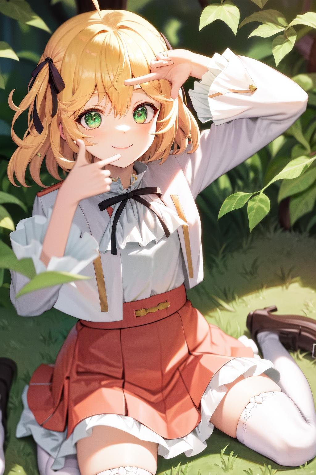 masterpiece, best quality, highres, 1girl anisphia ahoge hair ribbon, pink skirt frilled skirt white jacket cropped jacket white shirt white thighhighs frills black bow neck ribbon black ribbon wide sleeves, sitting, wariza, smile, finger frame <lora:finger_frame_final:1> <lora:anisphia:1>