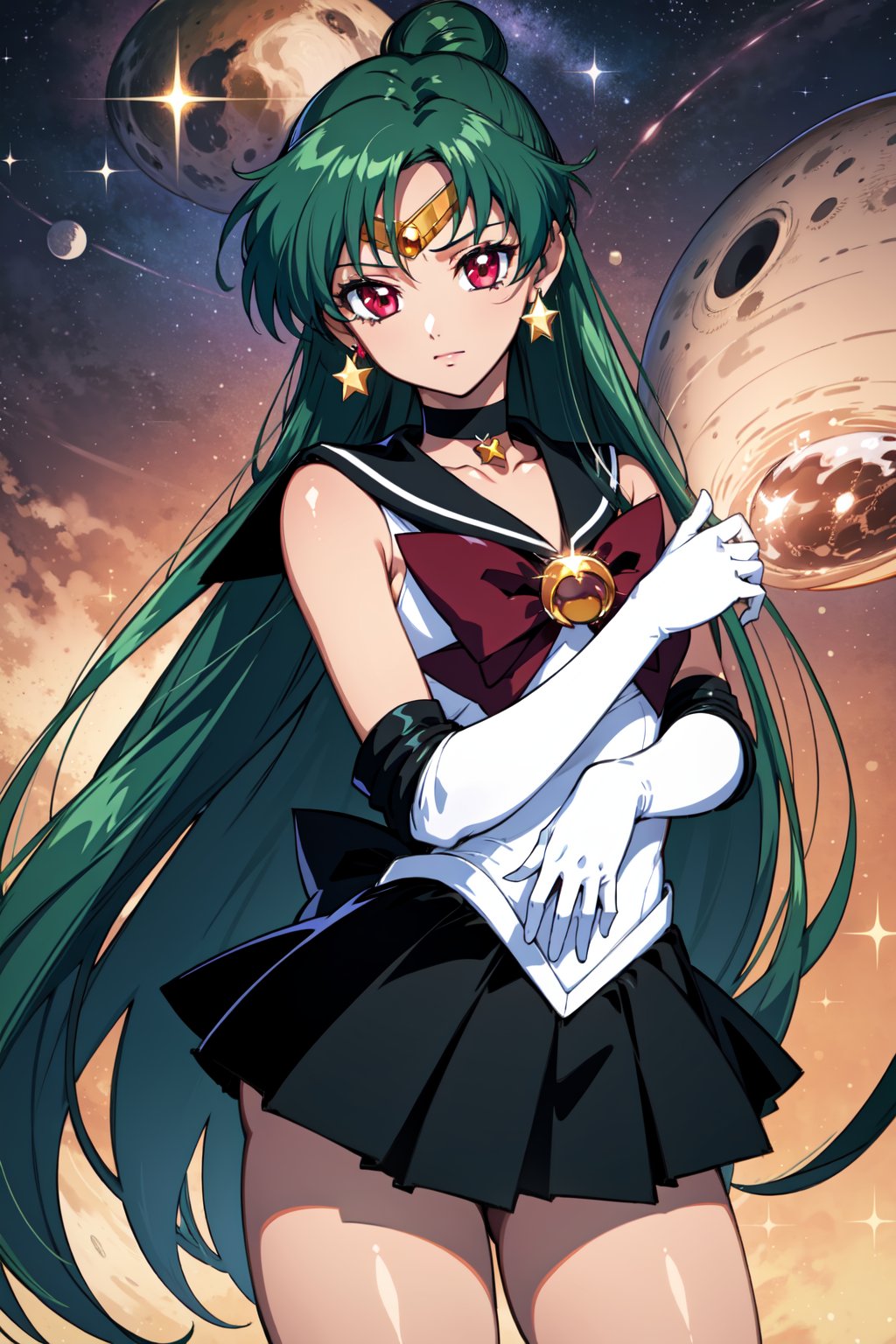 (masterpiece,  best quality),  shiny skin,  lustrous skin,  1girl,  solo,  meiou setsuna,  long hair,  single hair bun,  green hair,  red eyes,  very long hair,  tanned female,  thighs,  skirt,  choker,  sailor senshi uniform,  jewelry,  gloves,  earrings,  white gloves,  bow,  sailor collar,  elbow gloves,  circlet,  red bow,  black skirt,  black choker,  pleated skirt,  miniskirt,  brooch,  back bow,  black sailor collar, sailor pluto,  abrstact background,  star (symbol),  stardust,  sparkle,  pluto,  planets,<lora:EMS-85479-EMS:0.600000>