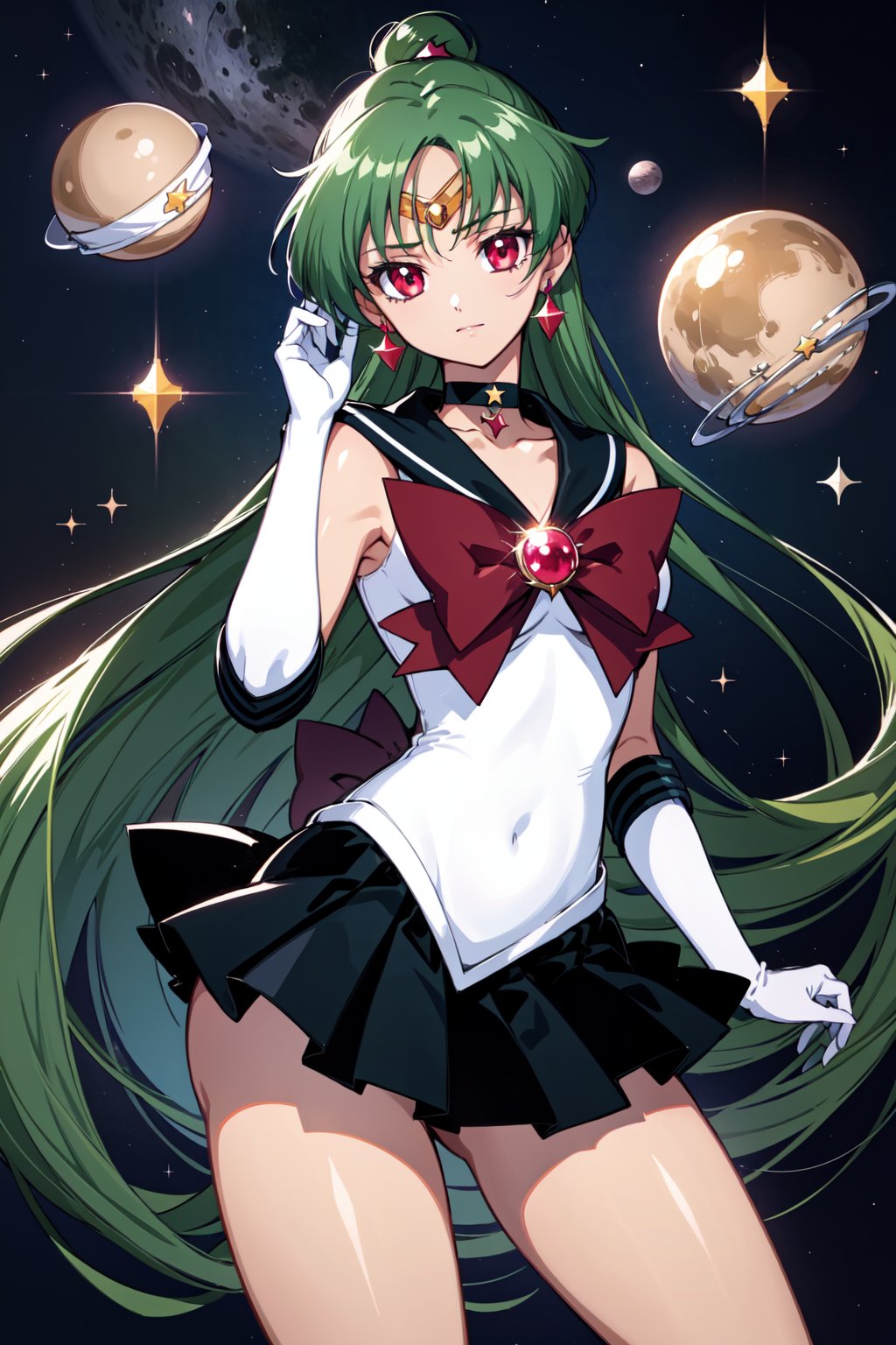 (masterpiece,  best quality),  shiny skin,  lustrous skin,  1girl,  solo,  meiou setsuna,  long hair,  single hair bun,  green hair,  red eyes,  very long hair,  thighs,  skirt,  choker,  sailor senshi uniform,  jewelry,  gloves,  earrings,  white gloves,  bow,  sailor collar,  elbow gloves,  circlet,  red bow,  black skirt,  black choker,  pleated skirt,  miniskirt,  brooch,  back bow,  black sailor collar, sailor pluto,  abrstact background,  star (symbol),  stardust,  sparkle,  pluto,  planets,<lora:EMS-85479-EMS:0.600000>