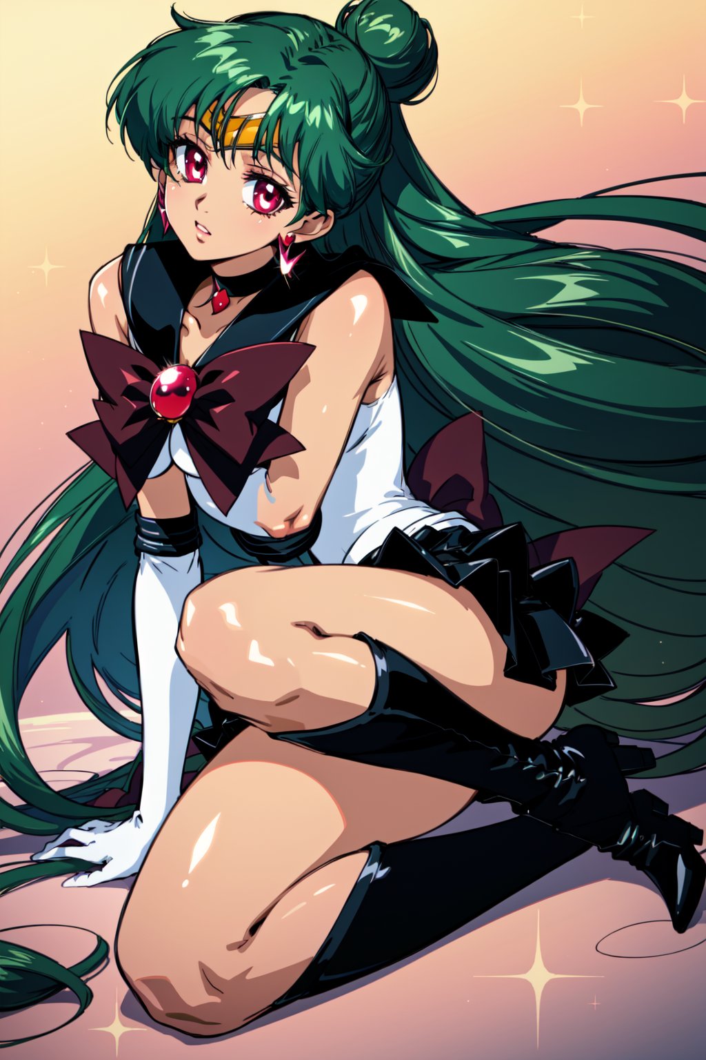 (masterpiece,  best quality),  shiny skin,  lustrous skin,  1girl,  solo,  meiou setsuna,  long hair,  single hair bun,  green hair,  red eyes,  very long hair,  tanned female,  thighs,  skirt,  choker,  sailor senshi uniform,  jewelry,  gloves,  earrings,  white gloves,  bow,  sailor collar,  elbow gloves,  circlet,  red bow,  black skirt,  black choker,  pleated skirt,  miniskirt,  brooch,  back bow,  black sailor collar,  high heels,  tiara,  high heel boots, sailor pluto,<lora:EMS-85479-EMS:0.800000>