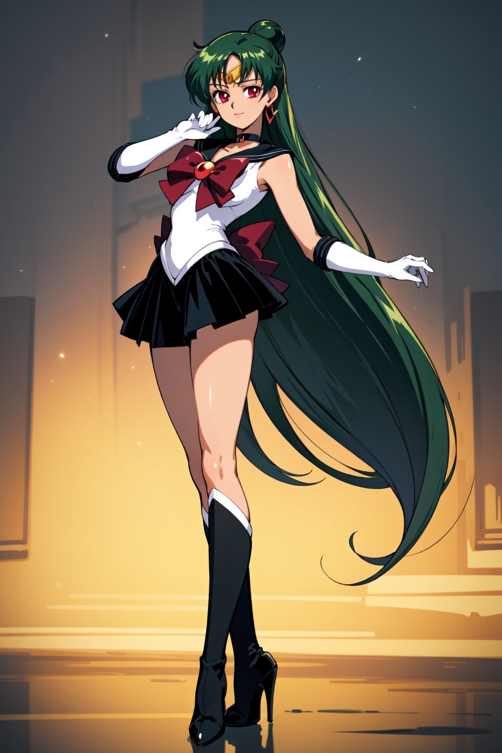 (masterpiece,  best quality),  shiny skin,  lustrous skin,  1girl,  solo,  meiou setsuna,  long hair,  single hair bun,  green hair,  red eyes,  very long hair,  tanned female,  thighs,  skirt,  choker,  sailor senshi uniform,  jewelry,  gloves,  earrings,  white gloves,  bow,  sailor collar,  elbow gloves,  circlet,  red bow,  black skirt,  black choker,  pleated skirt,  miniskirt,  brooch,  back bow,  black sailor collar,  high heels,  tiara,  high heel boots, sailor pluto,<lora:EMS-85479-EMS:0.600000>