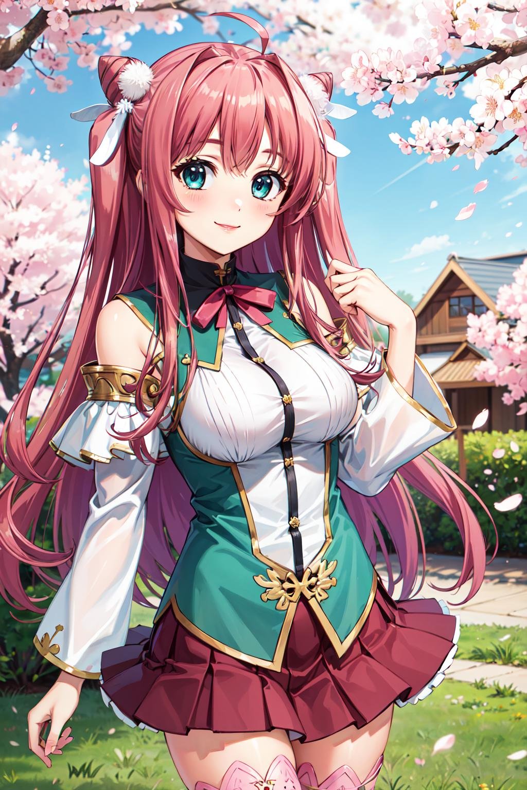 masterpiece,best quality,highres,ultra-detailed,ryuubi,long hair,ahoge,cone hair bun,hair ornament,shirt,detached sleeves,skirt,thighhighs,thigh boots,<lora:ryuubi:0.7>,outdoors,cowboy shot,smile,cherry blossoms,