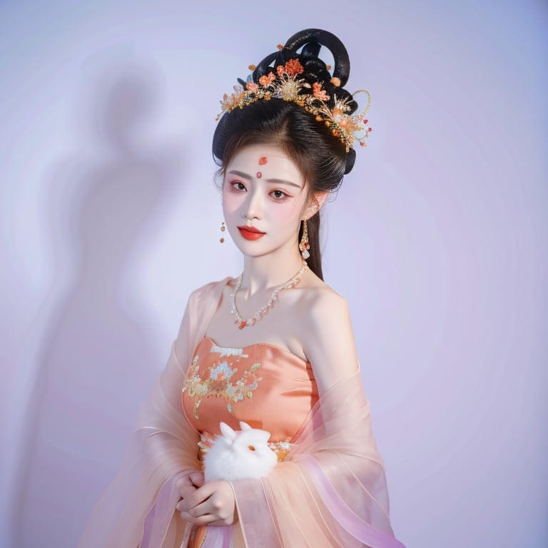 changexianzi, cexz5, 1girl, solo, simple background, black hair, hair ornament, white background, dress, jewelry, flower, earrings, hair flower, necklace, makeup, animal, facial mark, chinese clothes, gem, beads, rabbit, realistic, forehead jewel, hanfu<lora:changexianzi-000007:0.8>