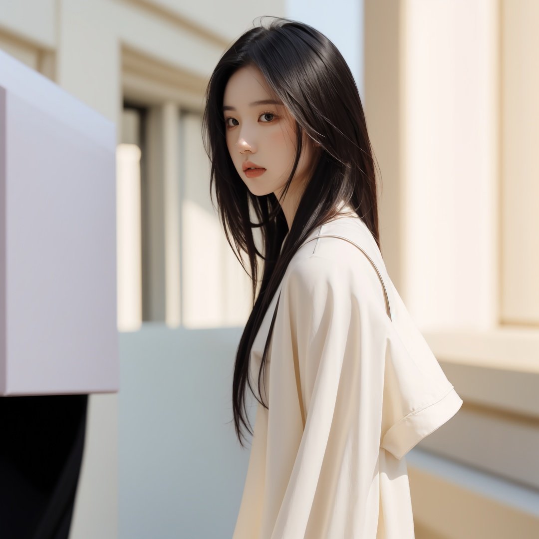  1girl,black_hair,Balenciaga model,looking at viewer,pale skin,blurry_background,realistic,solo,upper_body,,