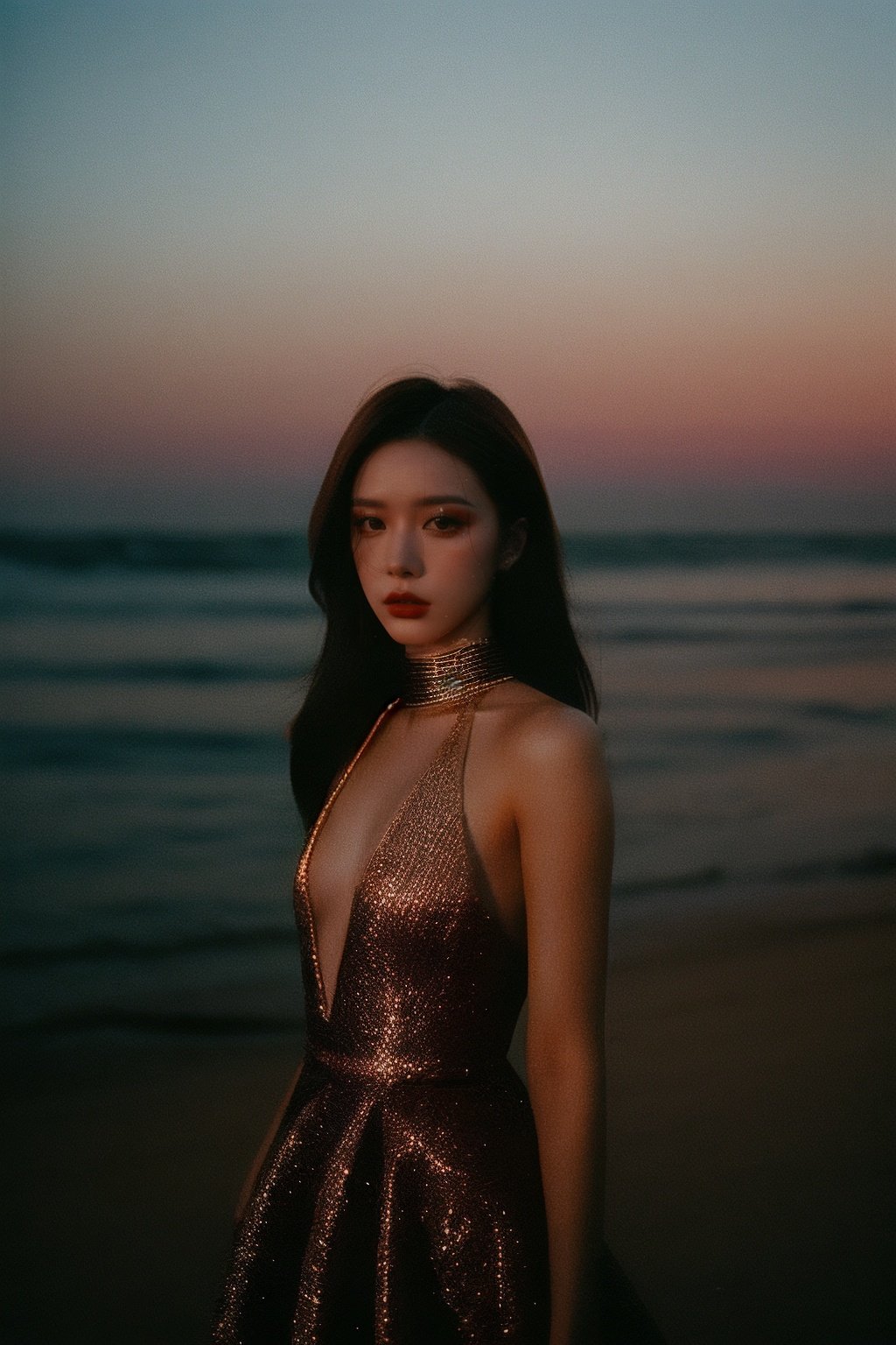  a fashion lookbook portrait of a female fashion model wearing haute couture, experimental, shot on kodak professional medium format film, liminal industrial background in, Brown, (smoke|fireworks:1.05), (dawn|dusk:1.05), (summer|beach:1.05), 1girl, long hair, (upper body:1.4), 
