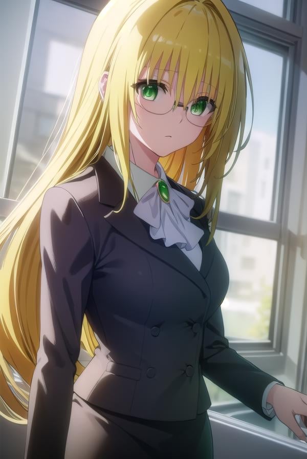 tearjulunatique, <lora:tearju lunatique darkness-lora-nochekaiser:1>,tearju lunatique, long hair, blonde hair, (green eyes:1.5), sidelocks, glasses,BREAK shirt, collared shirt, white shirt, suit, formal suit, long sleeves, ascot, white ascot, gemstone, green gemstone, skirt, pencil skirt,BREAK indoors, classroom,BREAK looking at viewer, (cowboy shot:1.5),BREAK <lyco:GoodHands-beta2:1>, (masterpiece:1.2), best quality, high resolution, unity 8k wallpaper, (illustration:0.8), (beautiful detailed eyes:1.6), extremely detailed face, perfect lighting, extremely detailed CG, (perfect hands, perfect anatomy),