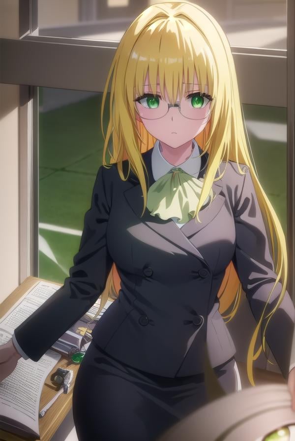 tearjulunatique, <lora:tearju lunatique darkness-lora-nochekaiser:1>,tearju lunatique, long hair, blonde hair, (green eyes:1.5), sidelocks, glasses,BREAK shirt, collared shirt, white shirt, suit, formal suit, long sleeves, ascot, white ascot, gemstone, green gemstone, skirt, pencil skirt,BREAK indoors, classroom,BREAK looking at viewer, (cowboy shot:1.5),BREAK <lyco:GoodHands-beta2:1>, (masterpiece:1.2), best quality, high resolution, unity 8k wallpaper, (illustration:0.8), (beautiful detailed eyes:1.6), extremely detailed face, perfect lighting, extremely detailed CG, (perfect hands, perfect anatomy),