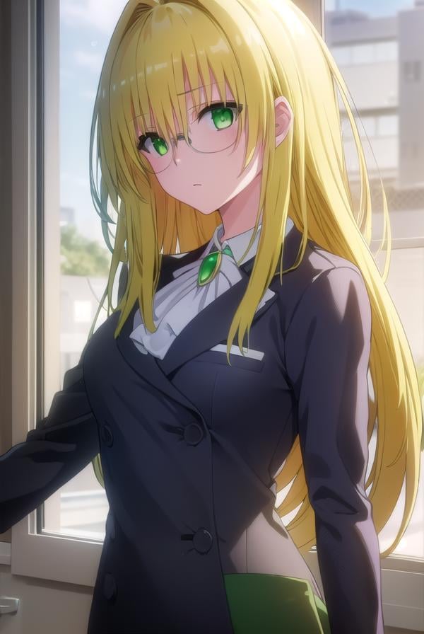 tearjulunatique, <lora:tearju lunatique darkness-lora-nochekaiser:1>,tearju lunatique, long hair, blonde hair, (green eyes:1.5), sidelocks, glasses,BREAK shirt, collared shirt, white shirt, suit, formal suit, long sleeves, ascot, white ascot, gemstone, green gemstone, skirt, pencil skirt,BREAK indoors, classroom,BREAK looking at viewer, (cowboy shot:1.5),BREAK <lyco:GoodHands-beta2:1>, (masterpiece:1.2), best quality, high resolution, unity 8k wallpaper, (illustration:0.8), (beautiful detailed eyes:1.6), extremely detailed face, perfect lighting, extremely detailed CG, (perfect hands, perfect anatomy),