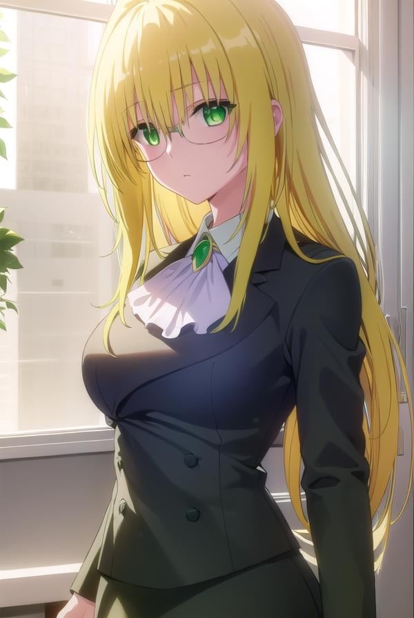 tearjulunatique, <lora:tearju lunatique darkness-lora-nochekaiser:1>,tearju lunatique, long hair, blonde hair, (green eyes:1.5), sidelocks, glasses,BREAK shirt, collared shirt, white shirt, suit, formal suit, long sleeves, ascot, white ascot, gemstone, green gemstone, skirt, pencil skirt,BREAK indoors, classroom,BREAK looking at viewer, (cowboy shot:1.5),BREAK <lyco:GoodHands-beta2:1>, (masterpiece:1.2), best quality, high resolution, unity 8k wallpaper, (illustration:0.8), (beautiful detailed eyes:1.6), extremely detailed face, perfect lighting, extremely detailed CG, (perfect hands, perfect anatomy),