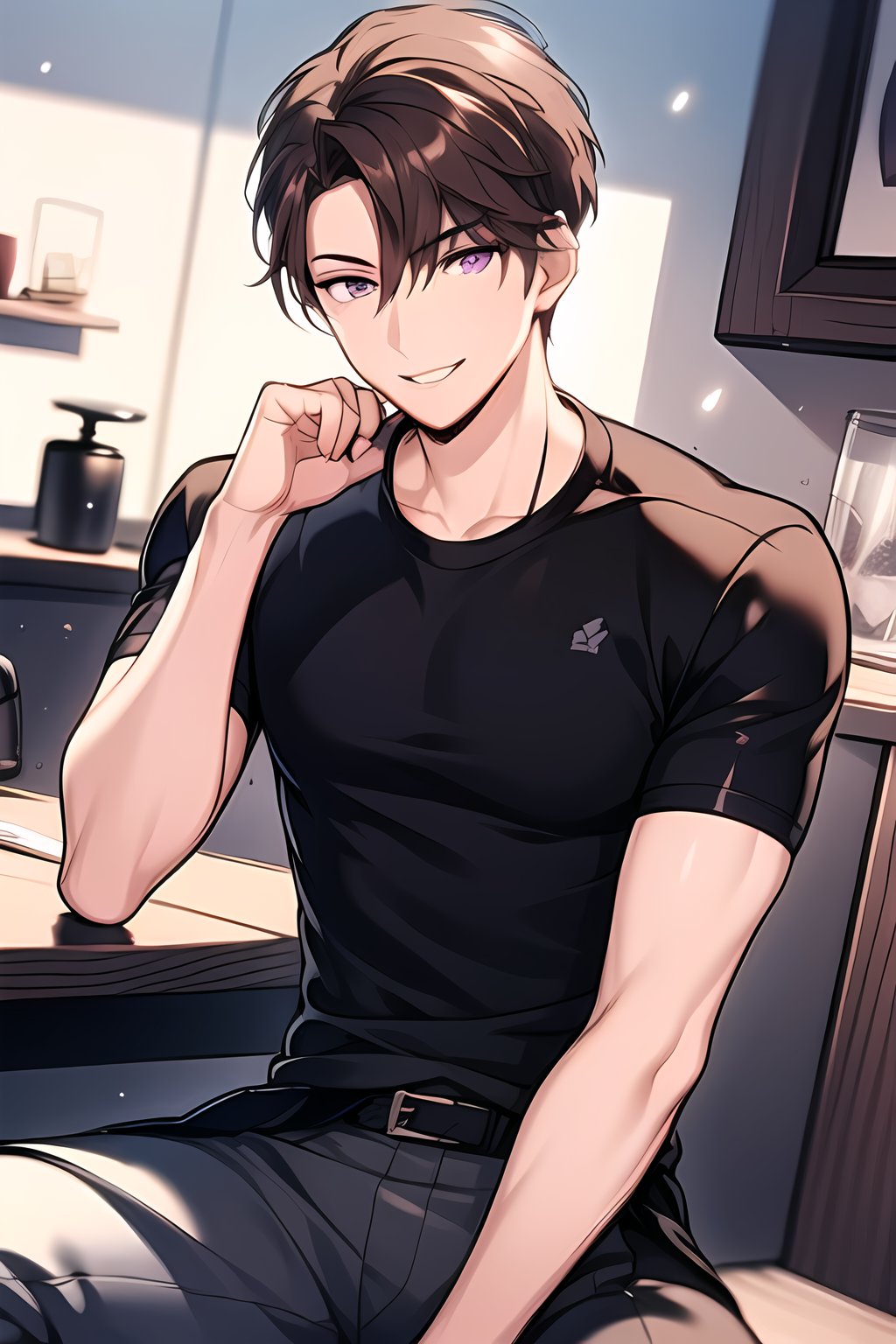 masterpiece, best quality,Looking at viewer, solo, male, indoors, smile, Jude_Ares,Purple eyes,Brown hair, short_sleeves, upper_body, black shirt, sitting,