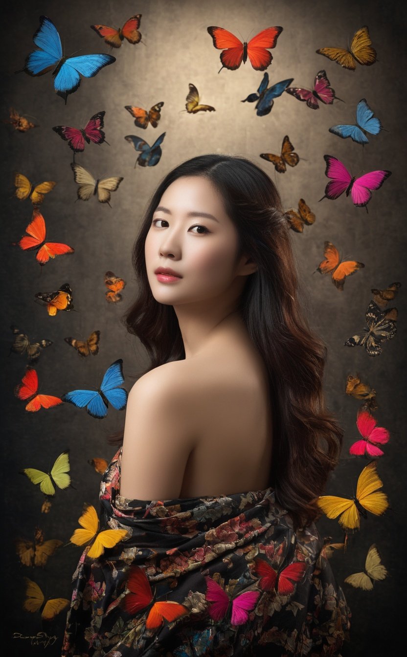  A dark photograph capturing the beauty of a japanese woman as butterflies gracefully dance around her. The art form is reminiscent of a realistic portrait, showcasing the exquisite details and textures of the subject. The woman, with her radiant smile and flowing hair, stands amidst a serene backdrop. The vibrant butterflies, with their vivid colors and delicate wings, add a touch of enchantment to the scene. The lighting highlights the girl's features, casting soft shadows and creating a sense of depth. The overall result is a breathtaking image that captures the essence of beauty and nature, evoking a sense of wonder and awe.