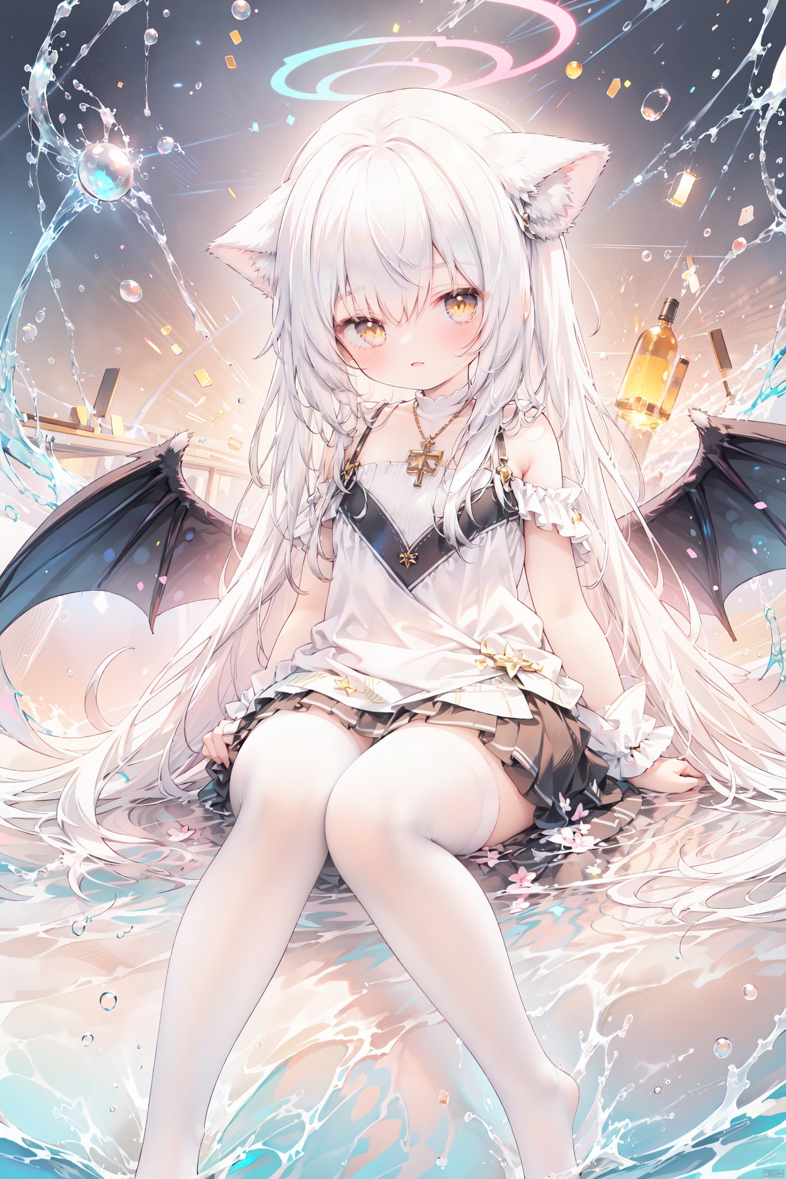  white hair, yellow eyes, looking up, stockings, long hair, hime cut, messy hair, floating hair, demon wings, halo, cross necklace, holy, divinity, shine, holy light, cat girl, (loli), (petite), solo, mcaocao,