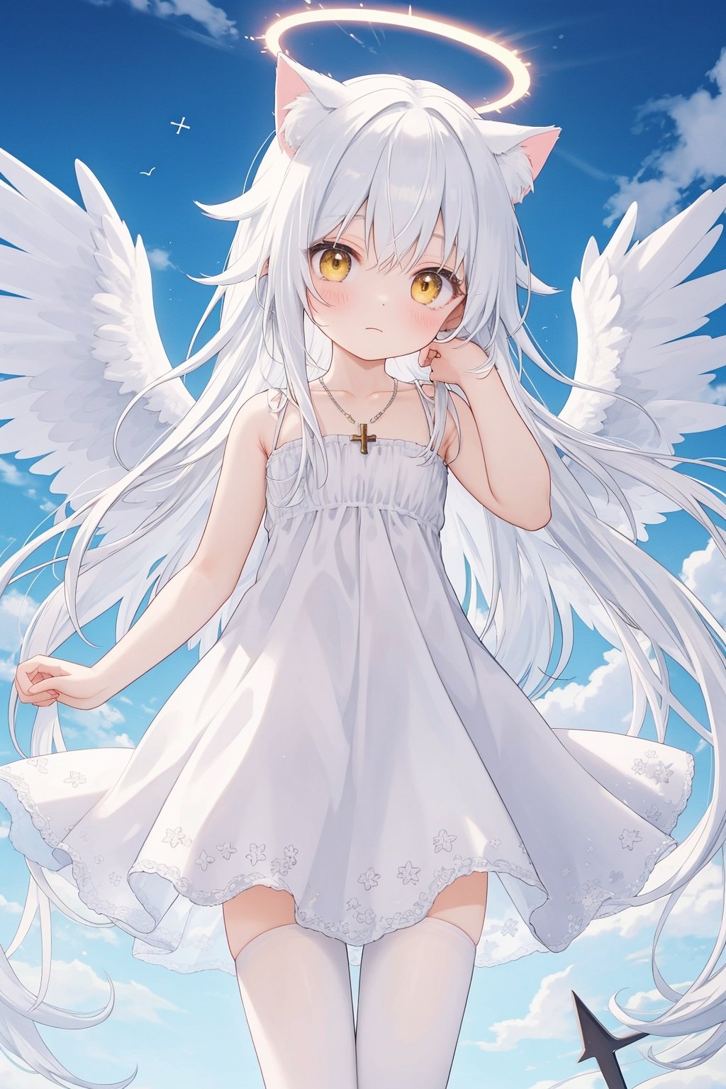 white hair,yellow eyes,looking up,stockings,long hair,hime cut,messy hair,floating hair,demon wings,halo,cross necklace,holy,divinity,shine,holy light,cat girl,(loli),(petite),solo,