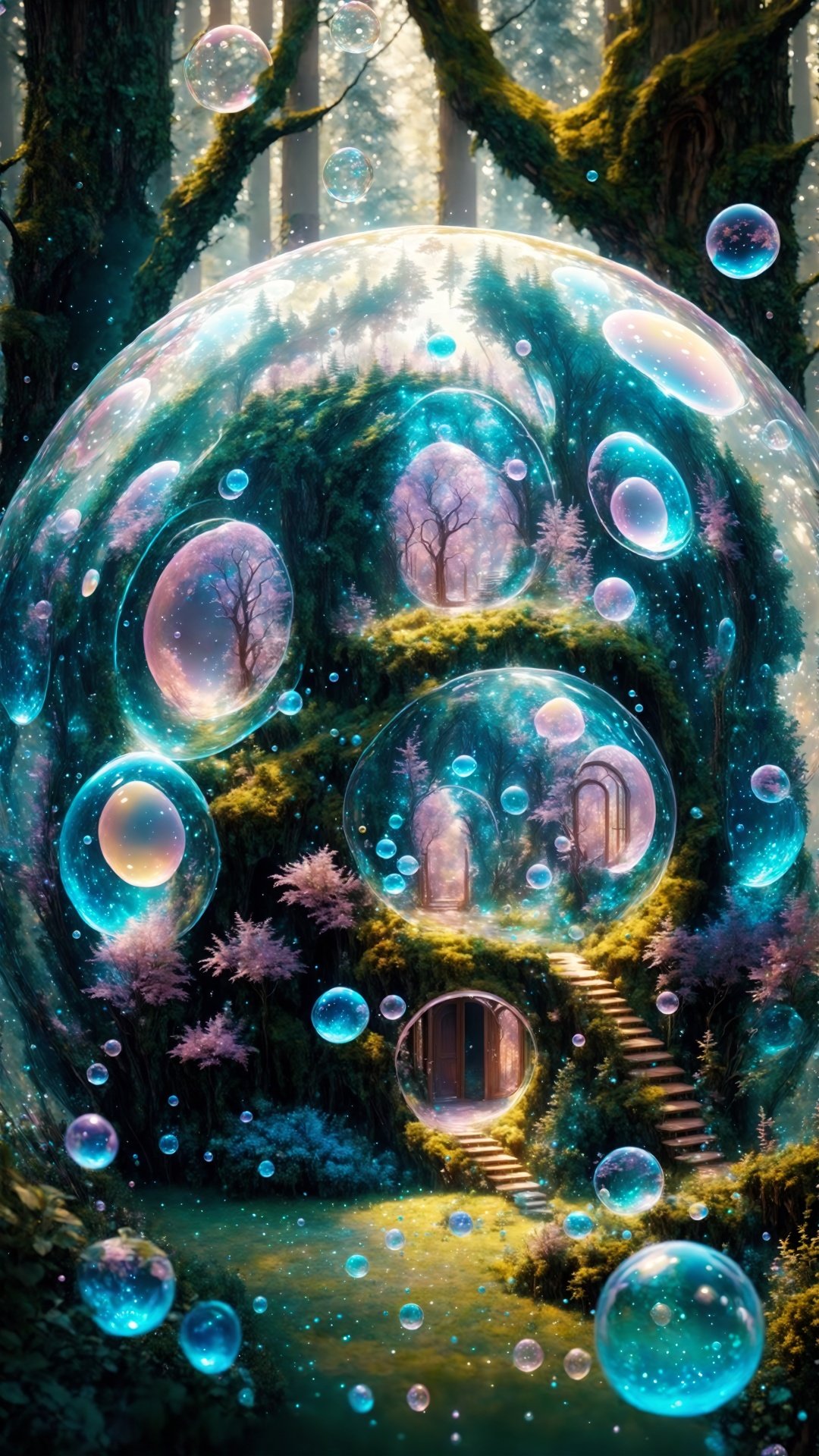 (Fantasy style: 1.5) Object perspective (fantasy architectural world) Hyper-realistic style (intricate details) Each bubble in the bubble house group constitutes an abstract and ethereal dream. The lines of these bubbles are soft and graceful, as if they are the illusion of bubbles in a dream, decorating the entire forest of bubbles like an abstract dream world.