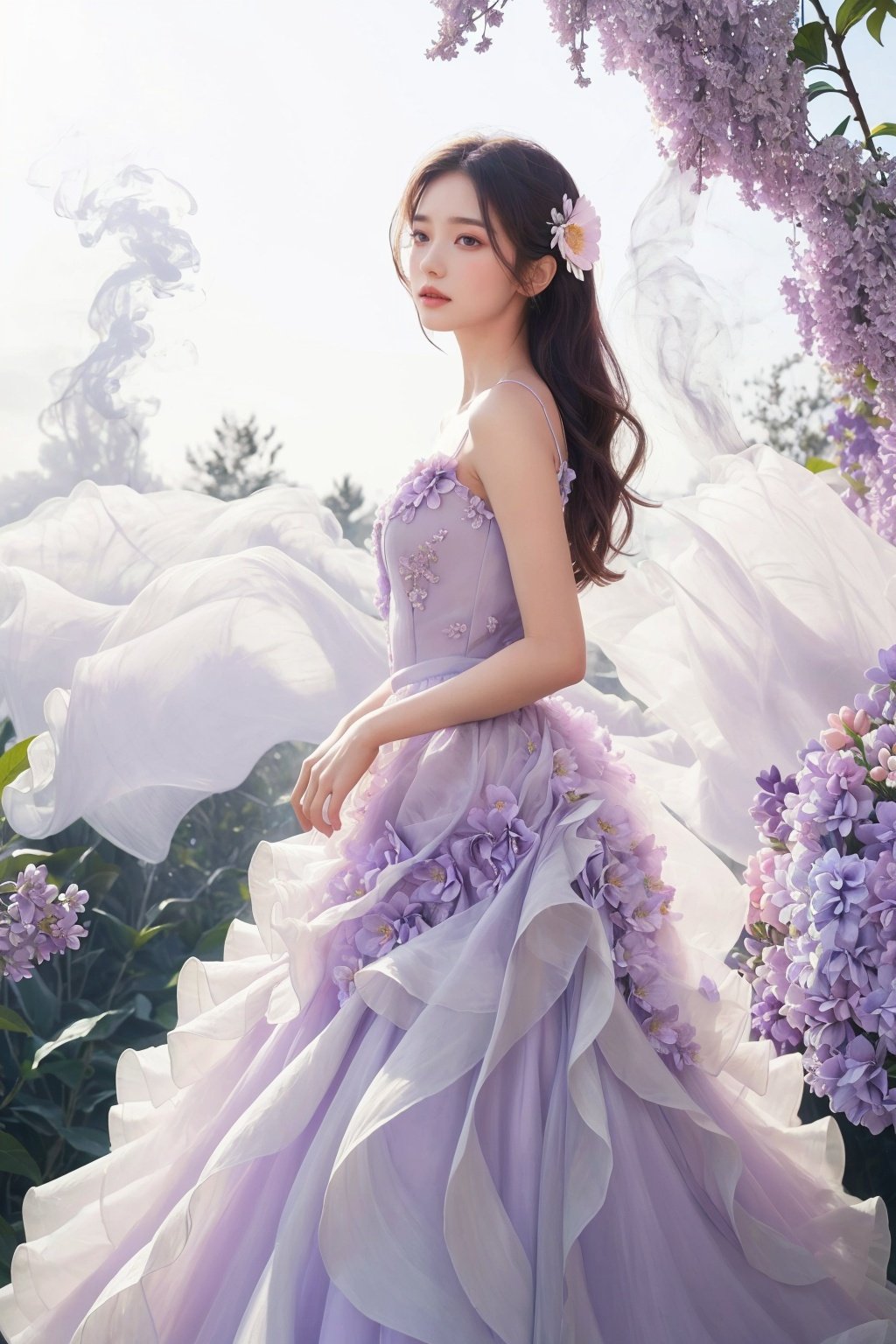  Bestquality, masterpiece, 1girl, beautiful_face, eyebrows_visible_through_hair, lily_\(flower\), dress, holding_flower, from_side, sparkling dress, Giant clove flower, Lilac flower, Lilac flower,Giant flowers, flowing skirts,（smoke）,