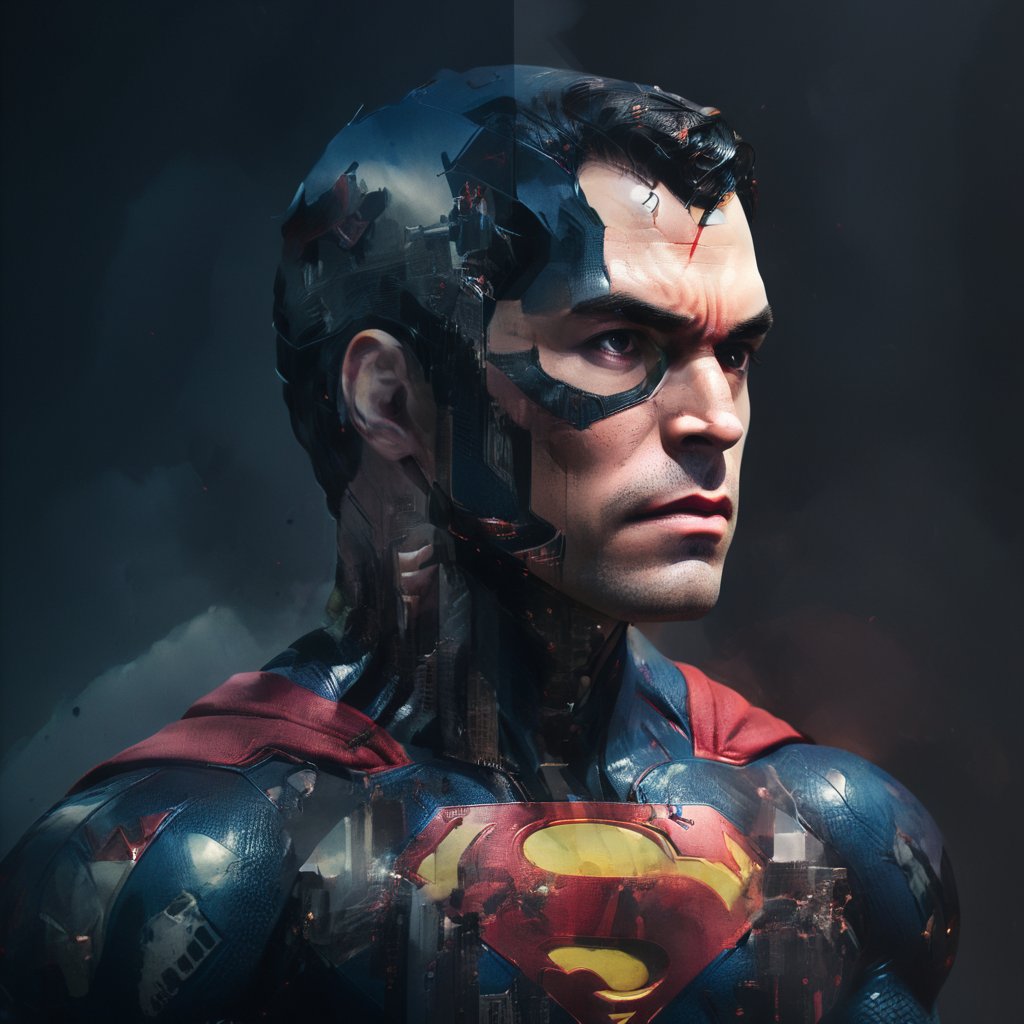 double exposure style, superman, the avengers, dark theme