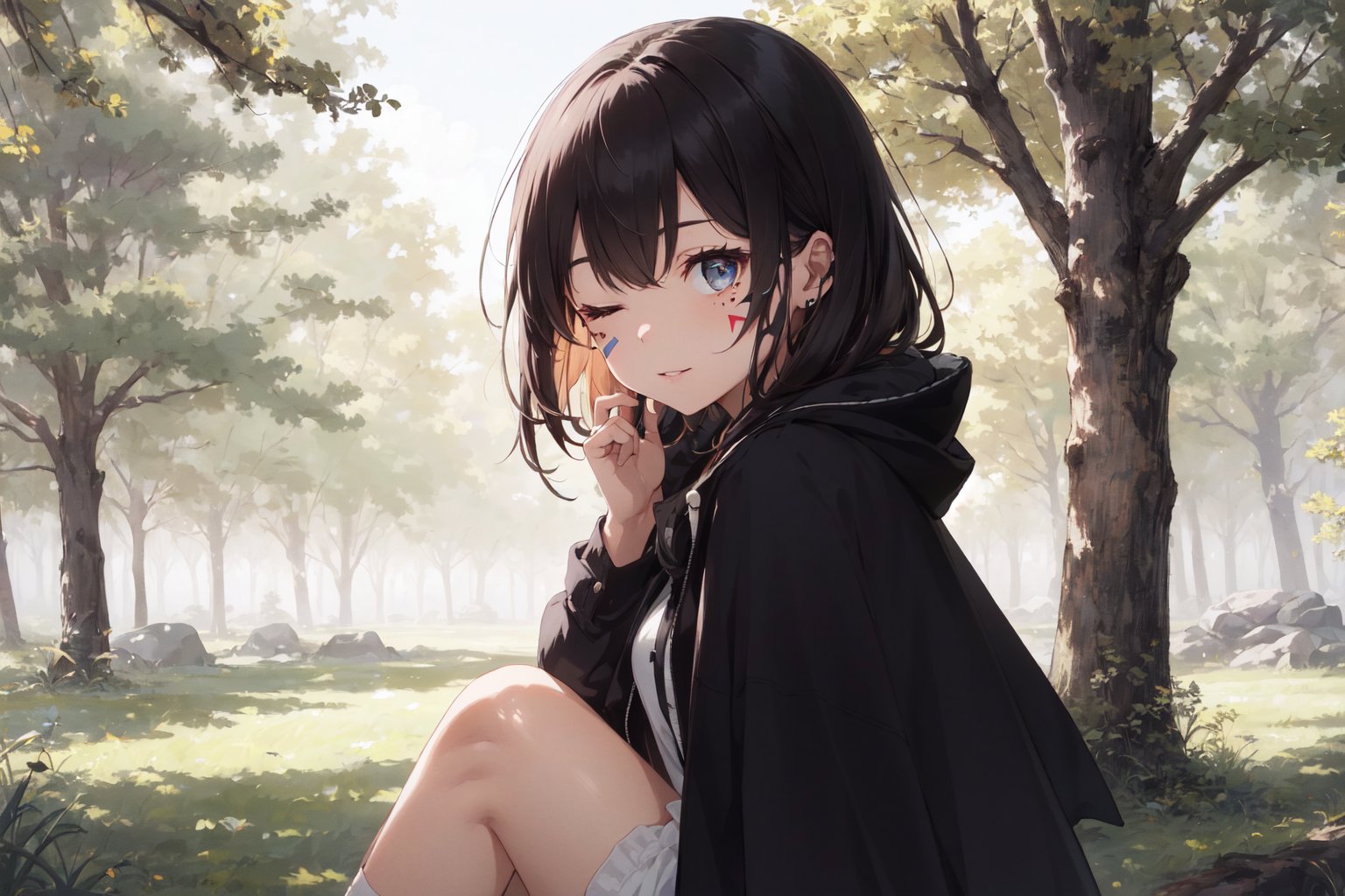 (Full shot:1.5)masterpiece:1.8, highres:1.8, 1 girl, solo, looking at viewer, sitting, melina \(elden ring\), facial mark, medium hair, o-ring, one-eyed, one eye closed, finely detailed beautiful eyes:1.8, cloak, hooded cloak, forest, bonfire, film grain, light brown hair, orange eye, facial tattoo