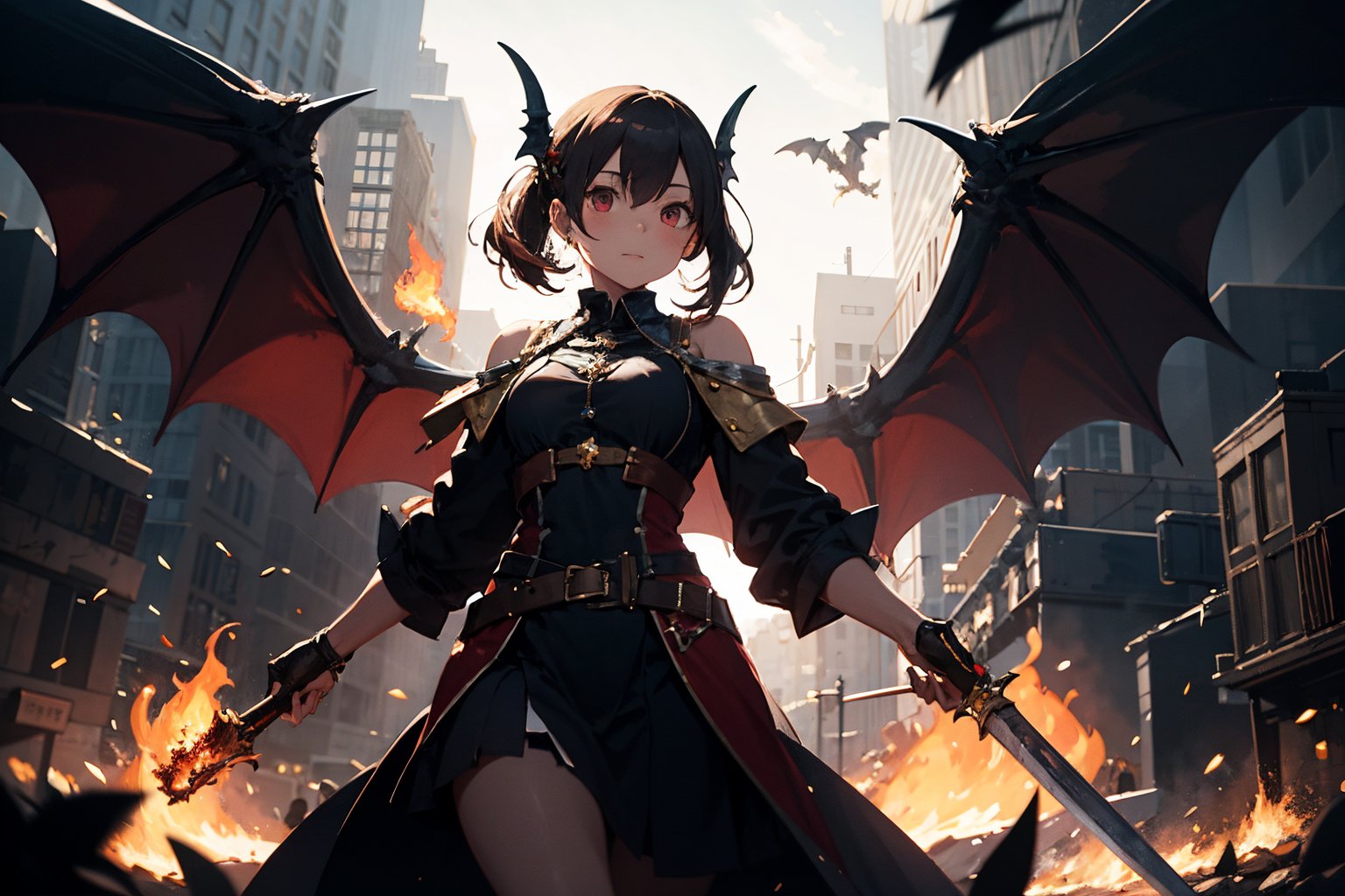 A girl holding a fiery sword made of bone in her left hand. In the right hand magic and strong fire. Standing in front of the photo. With a dragon. A strong body and very beautiful and evil wings. excellent quality. Dark and heavy environment