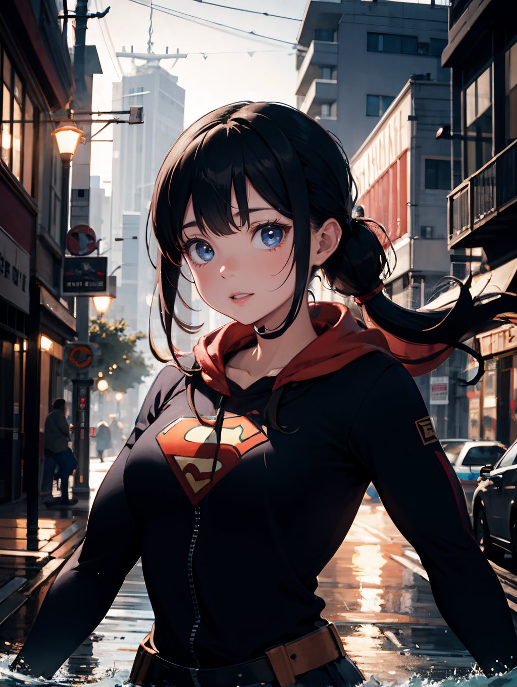 Masterpiece,high quality, Ultra HD, high detailed, supergirl, black costume, water drops on skin, colors dancing in the background, 4k, 8k, top lighting, mountain range background, long flowing black hair, large muscles, cute face, red cape, blue eyes, gazing into the camera ,More Detail, (Extremely Detailed Oil Painting:1.2), glow effects, godrays, Hand drawn, render, 8k, octane render, cinema 4d, blender, dark, atmospheric 4k ultra detailed, cinematic sensual, Sharp focus, humorous illustration, big depth of field, Masterpiece, colors, 3d octane render, 4k, concept art, trending on artstation, hyperrealistic, Vivid colors, extremely detailed CG unity 8k wallpaper, trending on ArtStation, trending on CGSociety, Intricate, High Detail, dramatic