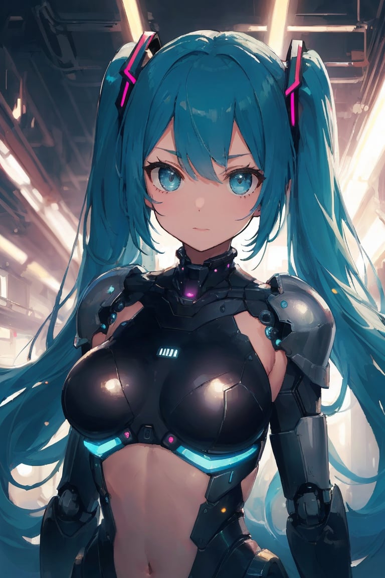 cgmech, beautiful eyes, upper body, underboob,  portrait, robot, armor, Hatsune Miku, neon light, 8K, RAW, best quality, masterpiece, ultra high res, colorful, (medium wide shot), (dynamic perspective), sharp focus , (depth of field, bokeh:1.3), extremely detailed eyes and face, beautiful detailed eyes,large breasts,(black gold, trimmed gear:1.2),(In a futuristic weapons factory:1.2), ((masterpiece, best quality)),  Detailed background, spaceship interior  