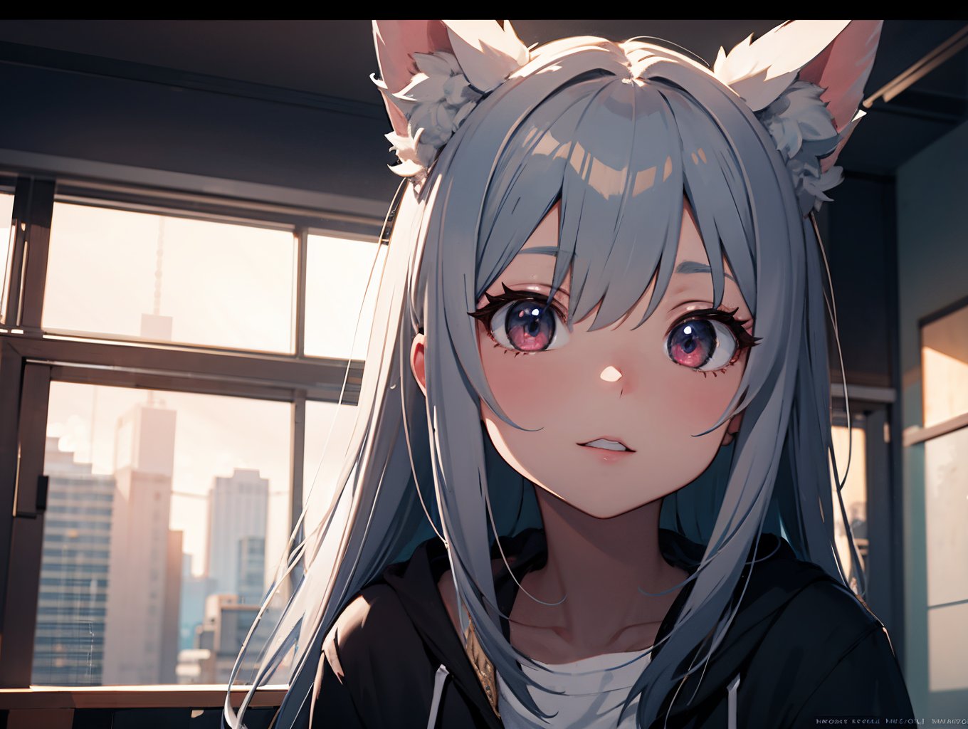 a woman sitting on top of a roof next to a tall building, an anime drawing, trending on cg society, realism, very beautiful anime (dog girl), akihiko yoshida. unreal engine, (dog ears), stunning anime face portrait,full body, (Extremely Detailed Oil Painting:1.2), glow effects, godrays, Hand drawn, render, 8k, octane render, cinema 4d, blender, dark, atmospheric 4k ultra detailed, cinematic sensual, Sharp focus, humorous illustration, big depth of field, Masterpiece, colors, 3d octane render, 4k, concept art, trending on artstation, hyperrealistic, Vivid colors, extremely detailed CG unity 8k wallpaper, trending on ArtStation, trending on CGSociety, Intricate, High Detail, dramatic