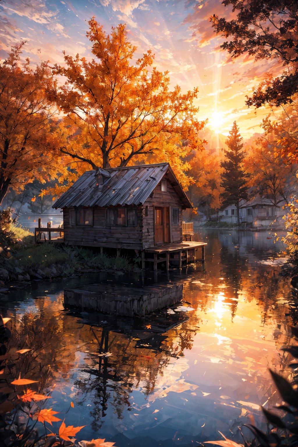 Wooden cabin in the midle of Lake, perfect sunset light on far away, golden rays , water reflection, breeze atmosphere, magnificent view, serene forest around, maple leaves floating , perfect composition, perfect light, profesional shot, canon 5d mark iv 75mm lens f2.8, dark to light, 8k unity wallpaper ,high_res