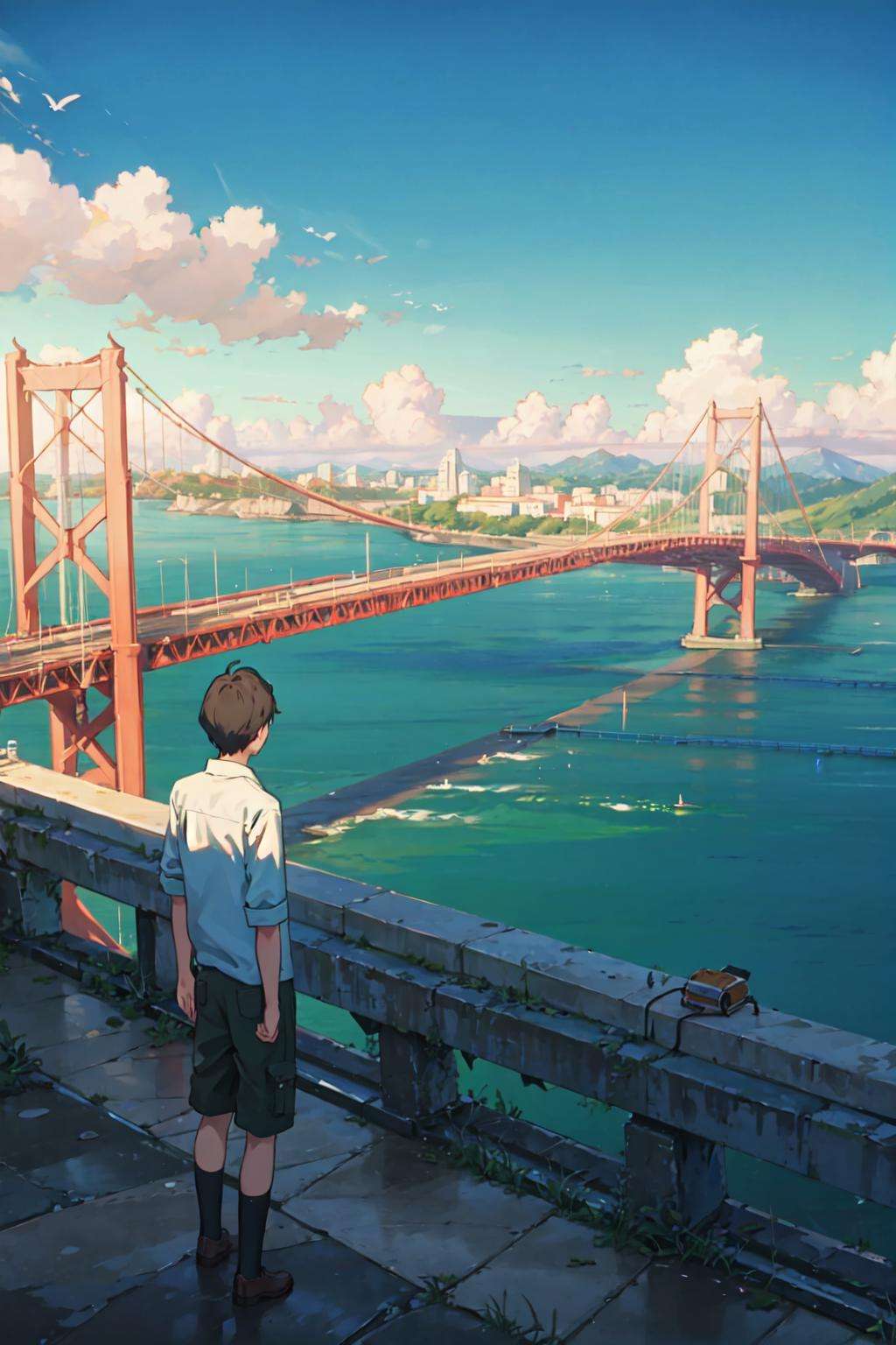 1boy,the sea,bridge,country,<lora:zcShinkai-000014:0.8>,, (masterpiece, best quality, ultra-detailed),