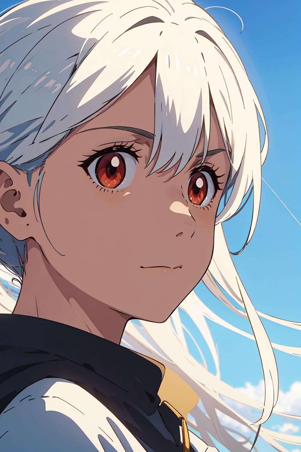 outdoors,blue sky,<lora:zcShinkai-000012:0.7>,1girl,solo,zcshinkai\(\style\),red eyes,white hair,, (masterpiece, best quality, ultra-detailed),