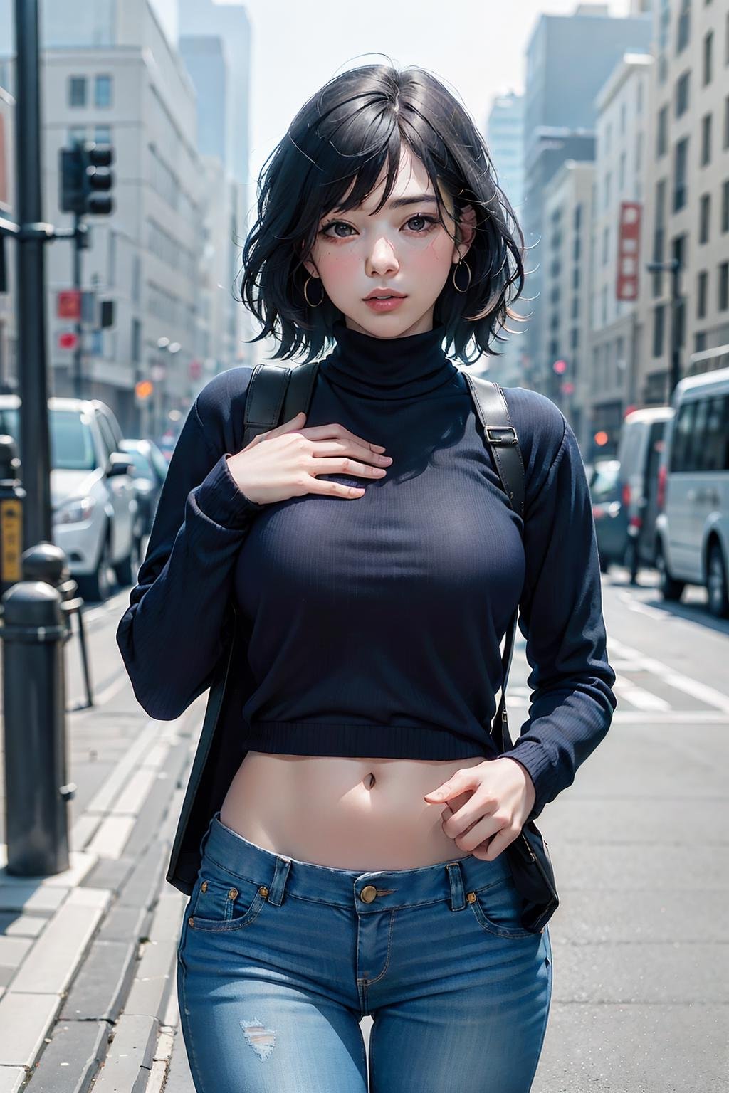 (8k, RAW photo, best quality, masterpiece:1.2), (realistic, photo-realistic:1.2), ultra-detailed, a girl, perfect face, upper body, night city street, from front, facing to viewer, two hands in front of chests, face to face, yuppy style, [black|dark] blue turtleneck sweater, dark denim jeans, leather boots, elegant, <lora:hinaFujiPro400HC:1>