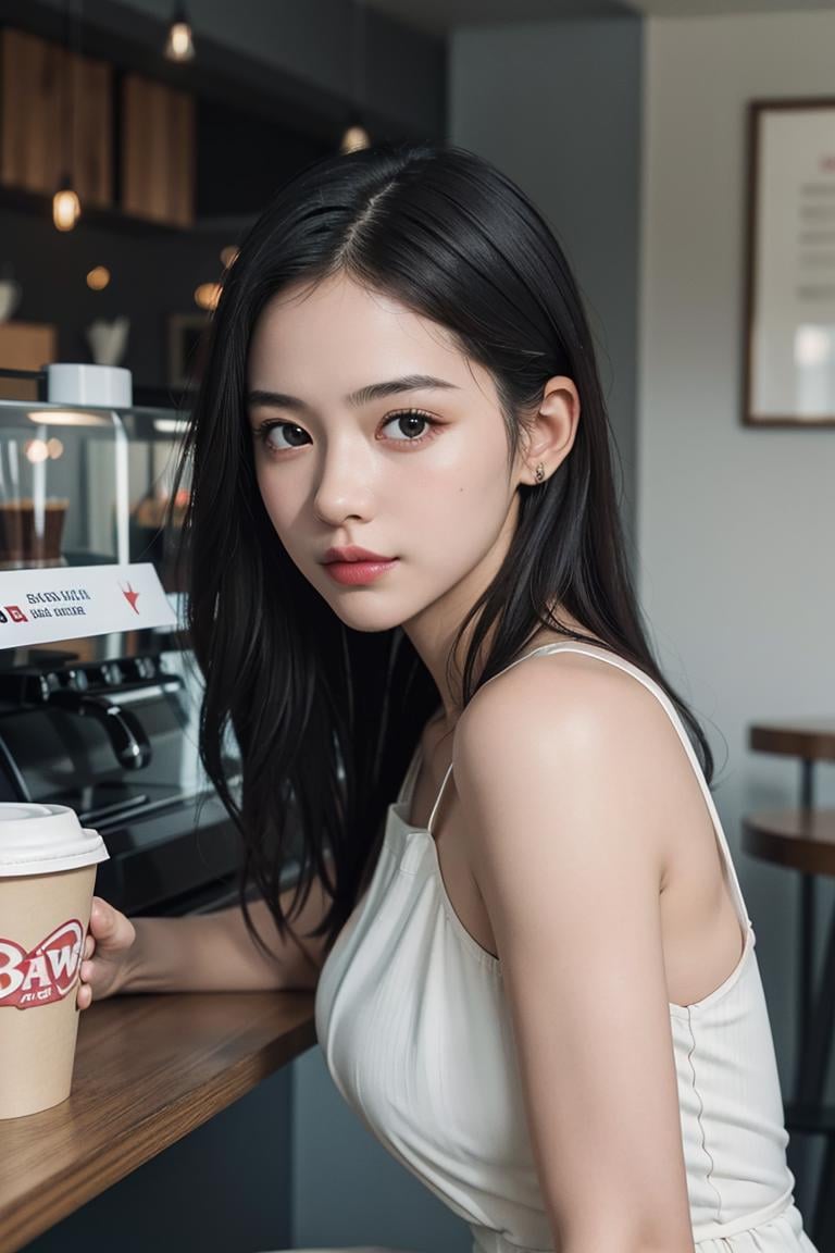 (8k, RAW photo, best quality, masterpiece:1.2), (realistic, photo-realistic:1.2), ultra-detailed, a girl, perfect face, sitting, upper body, simple background, coffee shop, from front, facing to viewer, two hands in front of chests, face to face, [red|pink|white] dress, word_on_clothing