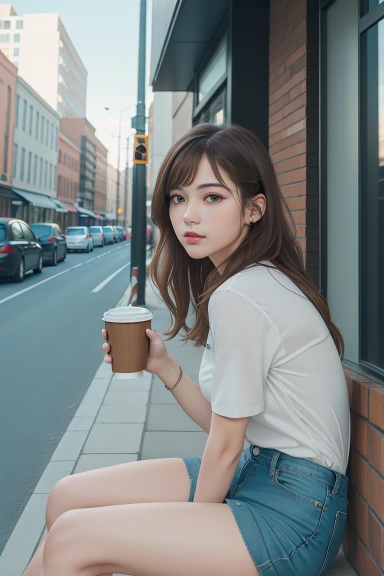 (8k, best quality, masterpiece:1.2), (realistic, photo-realistic:1.2), ultra-detailed,  a girl sitting in front of coffee shop, outdoor,  in the street, beautiful views, shirt,  <lora:hinaFujiPro400HC:0.8>