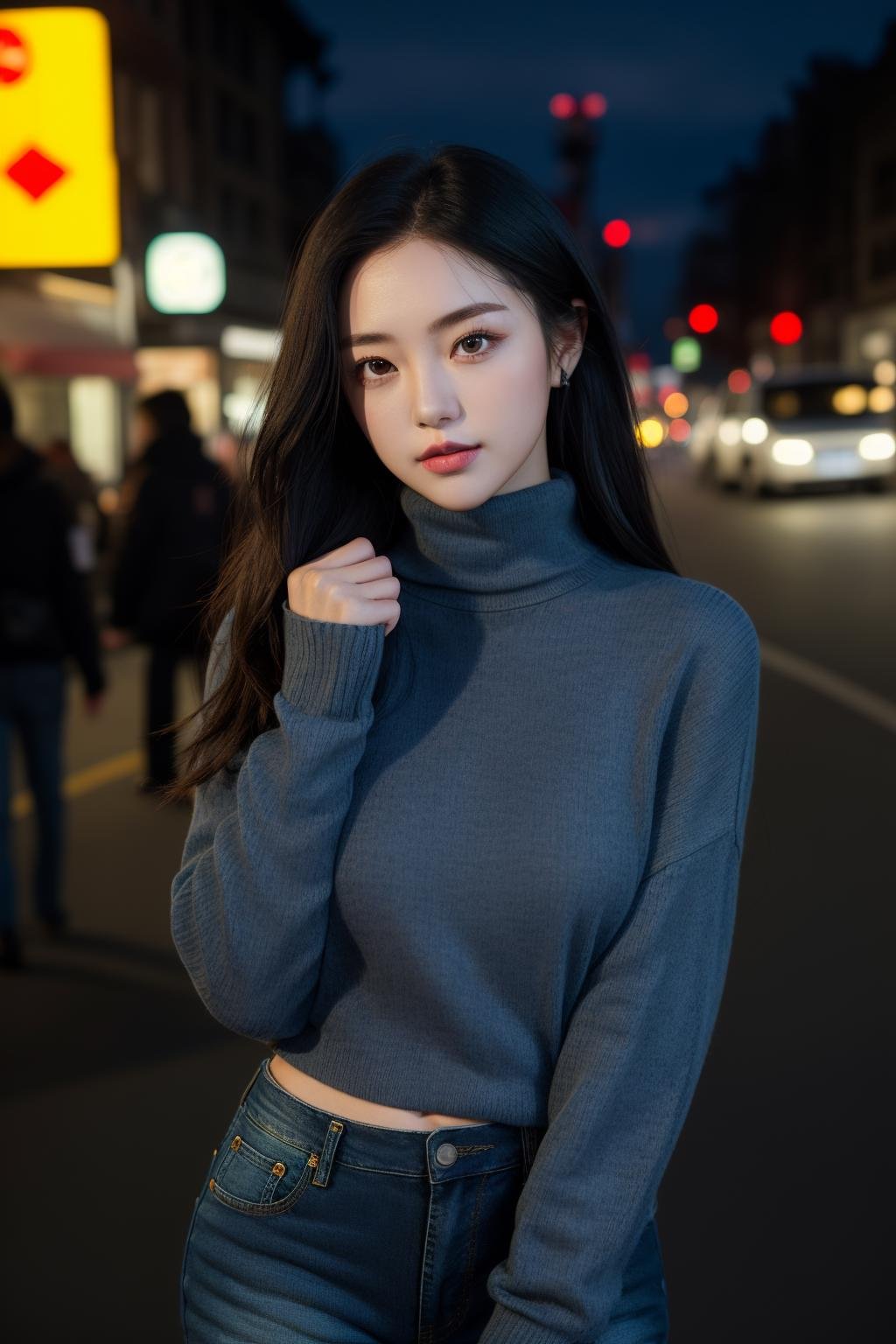 a girl, perfect face, upper body, night city street, from front, facing to viewer, two hands in front of chests, face to face, yuppy style, blue turtleneck sweater, dark denim jeans, leather boots, elegant,