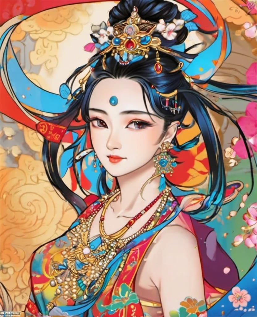 gufeng,vibrant colours,, lineart, 1girl, solo, jewelry, earrings, navel,<lora:古风人物_插图风格_XL:1>, masterpiece, best quality,