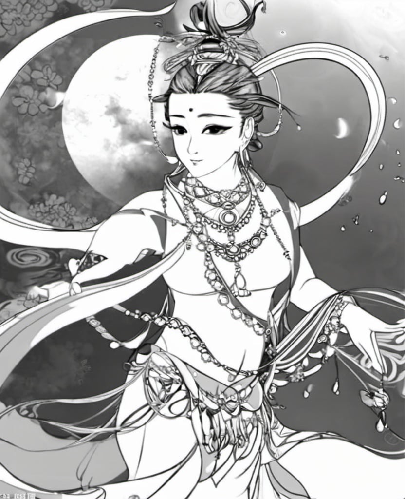 gufeng,monochrome, lineart, greyscale, 1girl, solo, jewelry, earrings, navel, <lora:古风线稿_V1.0XL:1>, masterpiece, best quality,