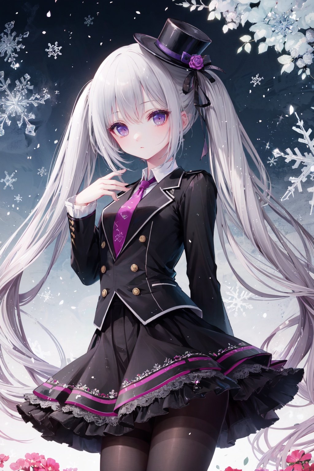 1girl,hat,solo,pantyhose,mini hat,top hat,mini top hat,long hair,twintails,necktie,skirt,black pantyhose,purple eyes,looking at viewer,grey hair,snowflakes,flower,<lora:tinklehdLycoris:0.5>,