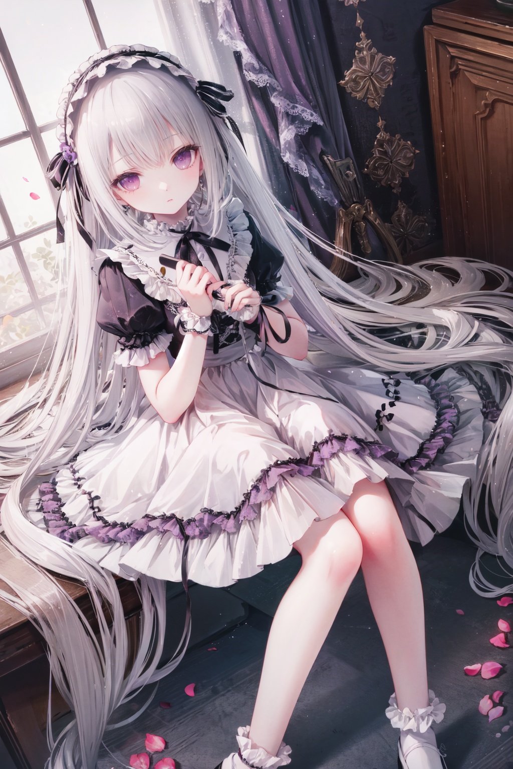 1girl, long hair, solo, dress, frills, very long hair, hairband, lolita hairband, lolita fashion, socks, flower, looking at viewer, petals, bangs, ribbon, frilled dress, purple ribbon, white socks, purple eyes, pink flower, purple dress, white hair, bow<lora:tinklehdLycoris:0.5>,