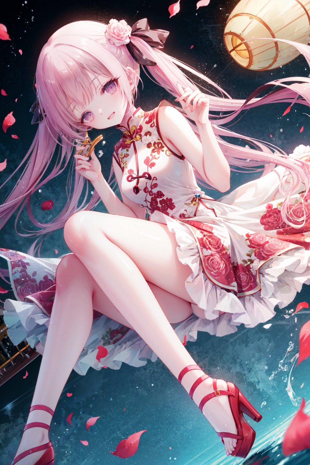 1girl, one eye closed, instrument, pink hair, ;d, open mouth, dress, sleeveless, flower, sleeveless dress, smile, long hair, solo, pink flower, purple eyes, holding instrument, looking at viewer, guitar, holding, petals, rose, floating hair, chinese clothes, red footwear, pink rose, high heels, bangs, head tilt, shiny, blush, ribbon, hair ornament, white flower, pink dress, page number, hair flower, very long hair, china dress, hair ribbon<lora:tinklehdLycoris:0.5>,