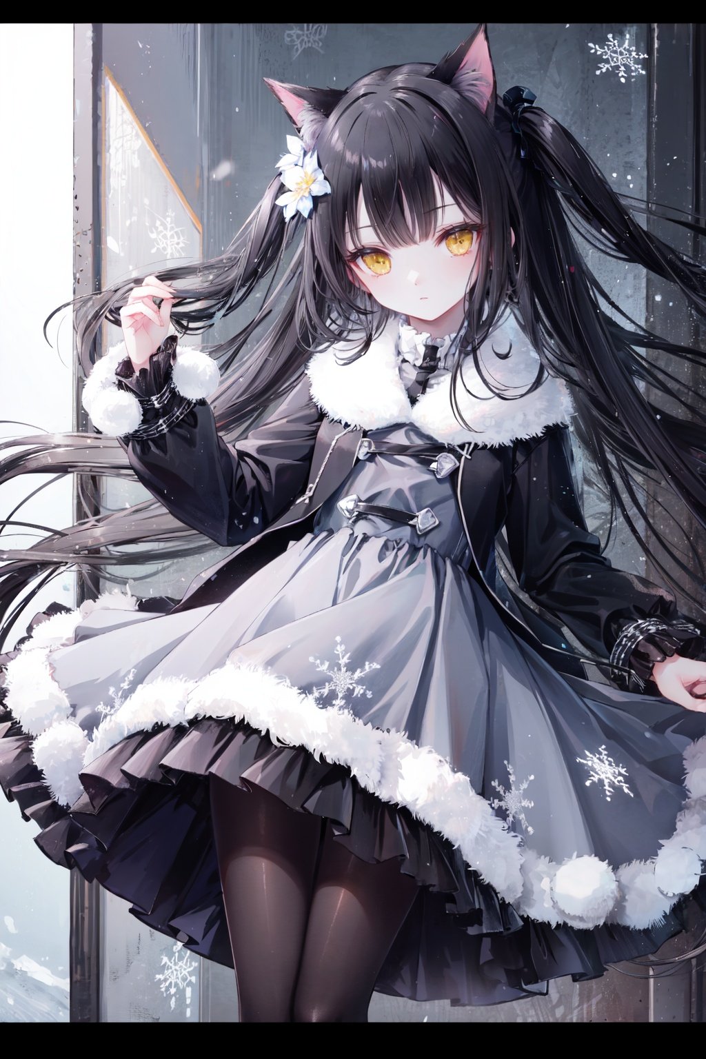 1girl, solo, long hair, animal ears, cat ears, yellow eyes, dress, snowflakes, looking at viewer, pantyhose, flower, black hair, very long hair, black pantyhose, hair ornament, bangs, hair flower, coat, letterboxed<lora:tinklehdLycoris:0.5>,