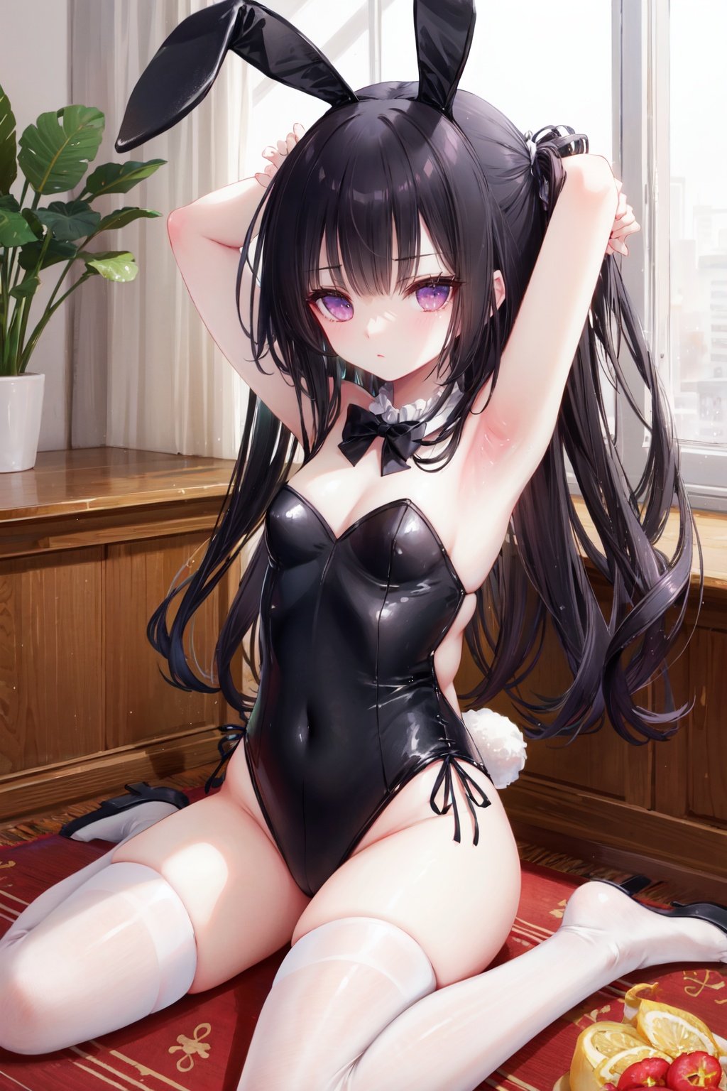 1girl,animal ears,rabbit ears,long hair,solo,thighhighs,playboy bunny,purple eyes,black hair,wrist cuffs,detached collar,black thighhighs,wariza,armpits,arms up,bow,sitting,blush,fake animal ears,bowtie,<lora:tinklehdLycoris:0.5>,