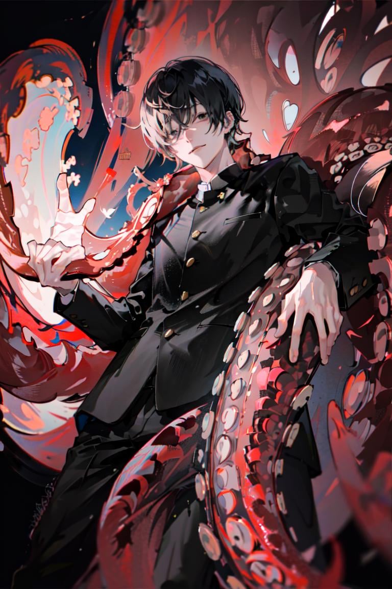 (masterpiece, best quality), illustration, <lora:yoshidahirofumi_csmv2:1>, yoshida_csm, default_outfit, gakuran, buttons, smile, looking at viewer, from below, tentacles, ((dark background, black background))